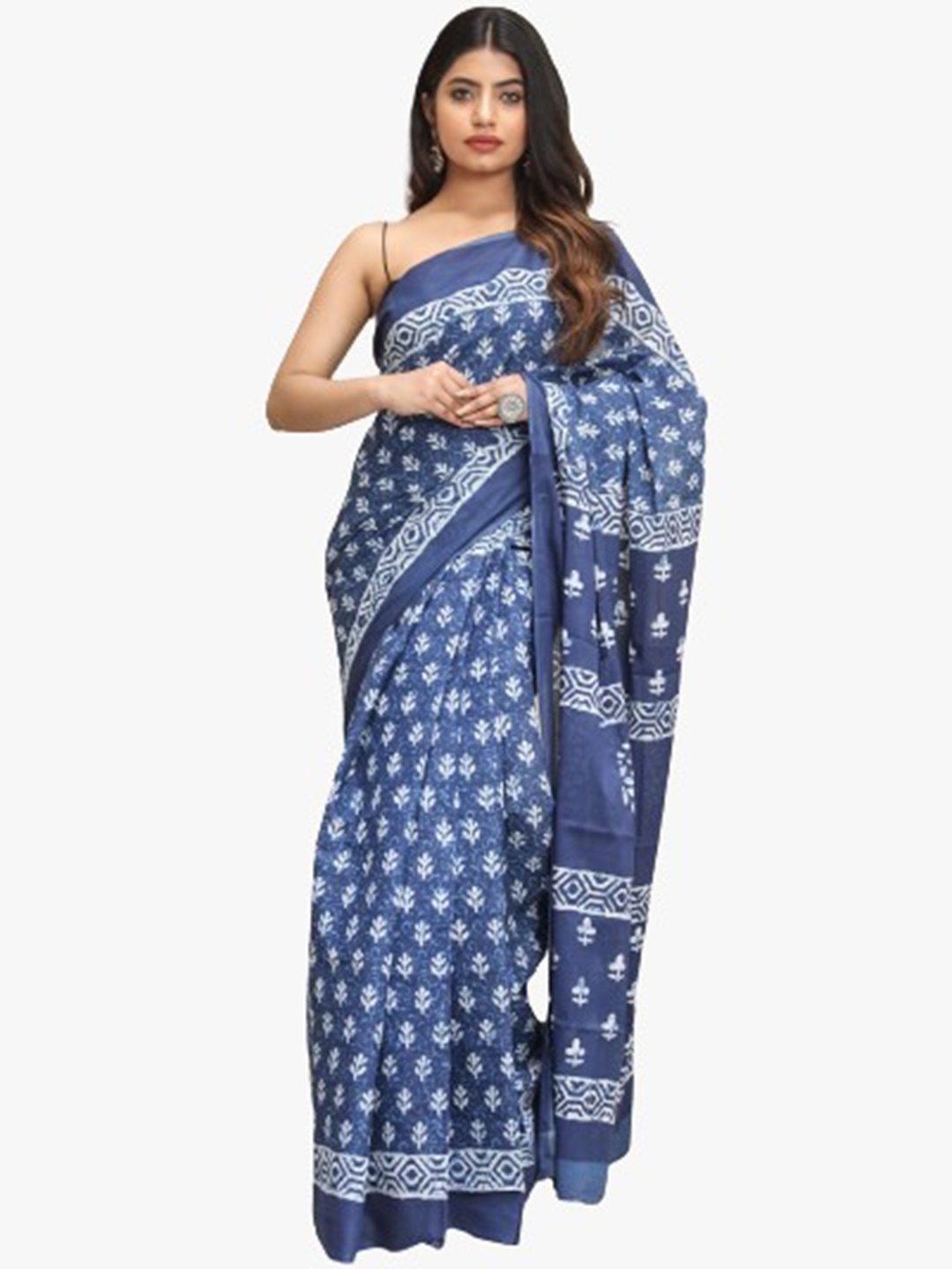 

JALTHER Ethnic Motifs Pure Cotton Block Print Saree, Blue
