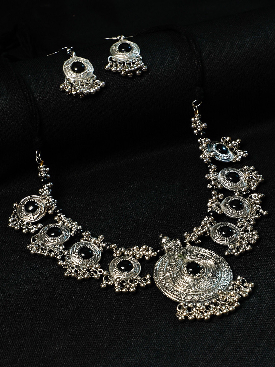 

Oxidized Heaven Silver-Plated Stone Studded & Beaded Oxidised Jewellery Set
