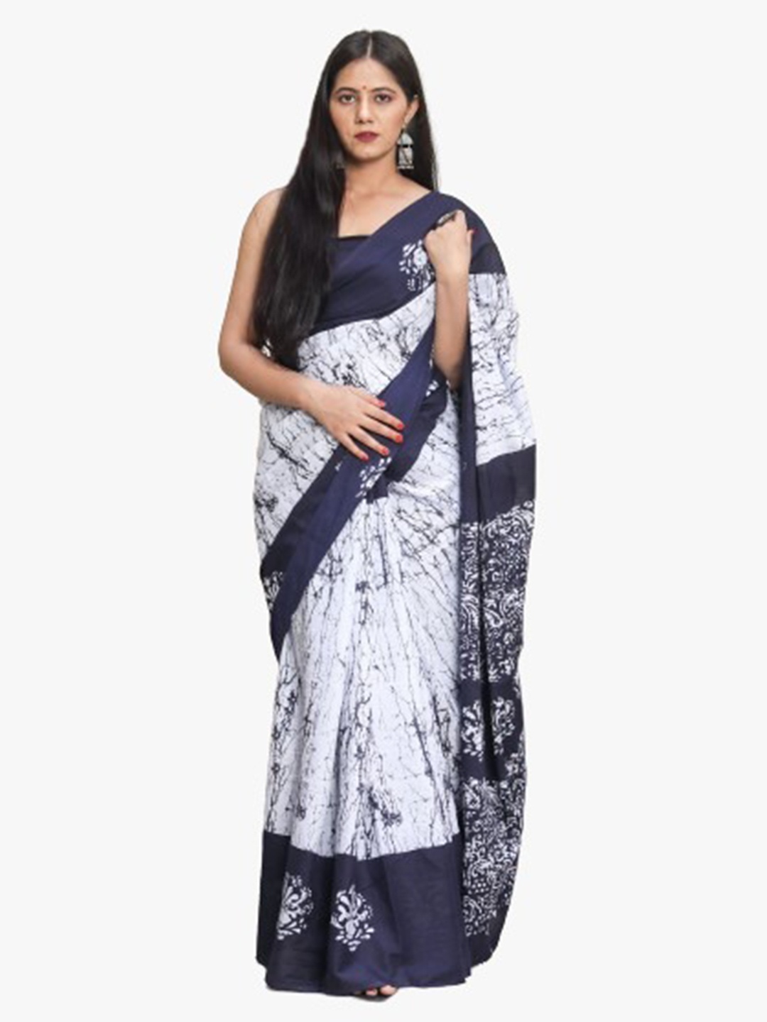 

KIAARON Ethnic Motifs Pure Cotton Block Print Saree, White