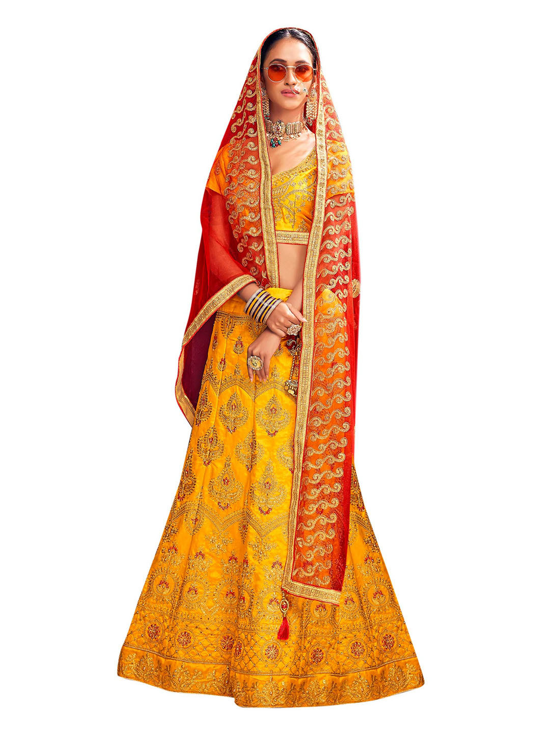 

MANVAA Yellow & Red Embroidered Thread Work Semi-Stitched Lehenga & Unstitched Blouse With Dupatta