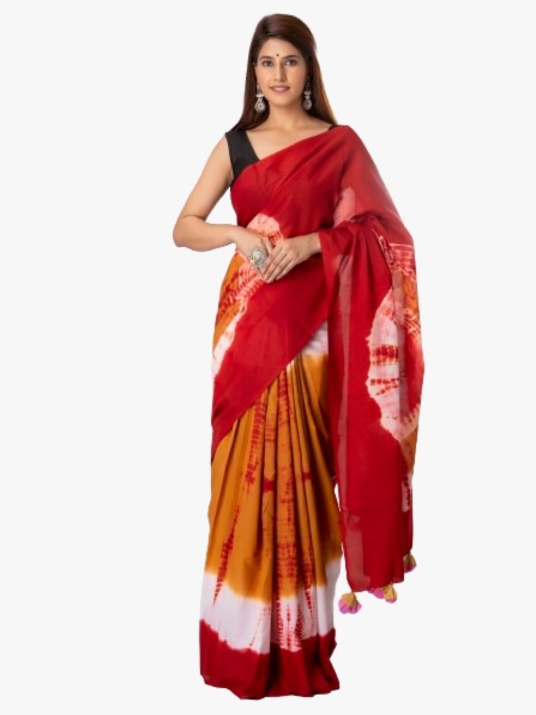 

KIAARON Maroon & Yellow Ombre Pure Cotton Block Print Saree