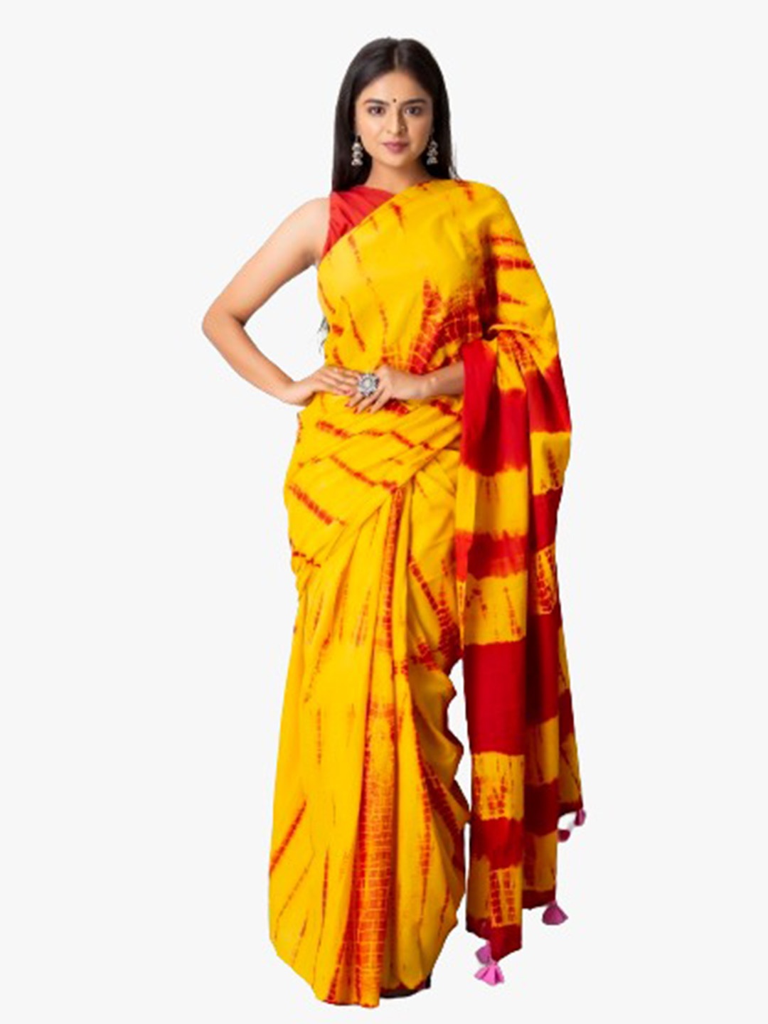 

TROPWEAR Orange & Red Tie and Dye Pure Cotton Block Print Saree