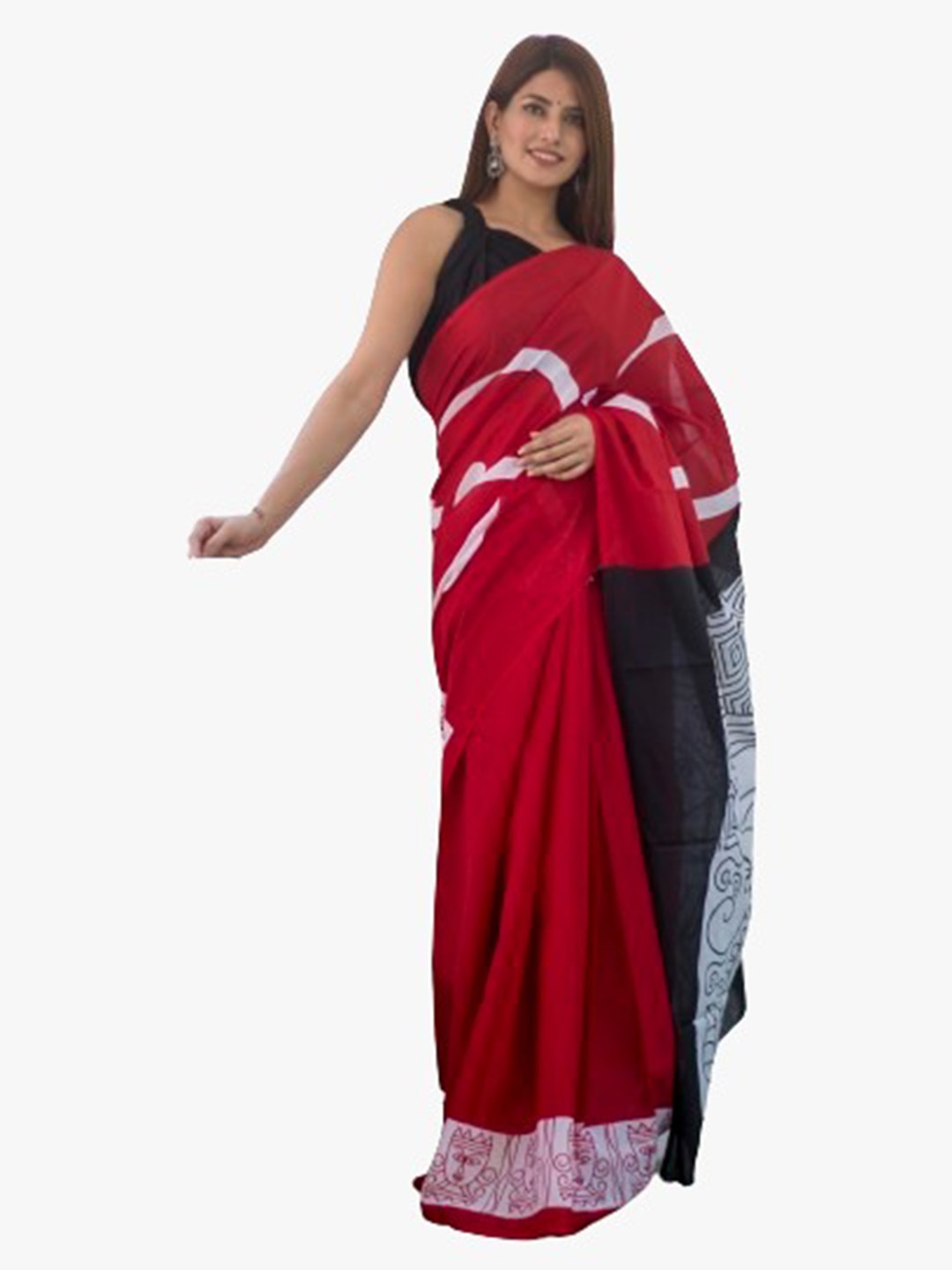 

KIAARON Block Print Pure Cotton Saree, Red