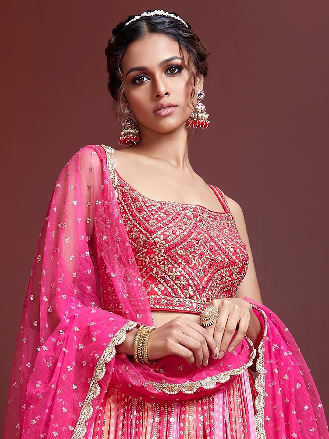 

FABPIXEL Pink & Gold-Toned Embellished Sequinned Semi-Stitched Lehenga & Unstitched Blouse With Dupatta