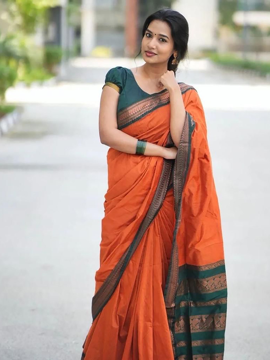 

Aldwych Orange & Green Woven Design Zari Banarasi Saree