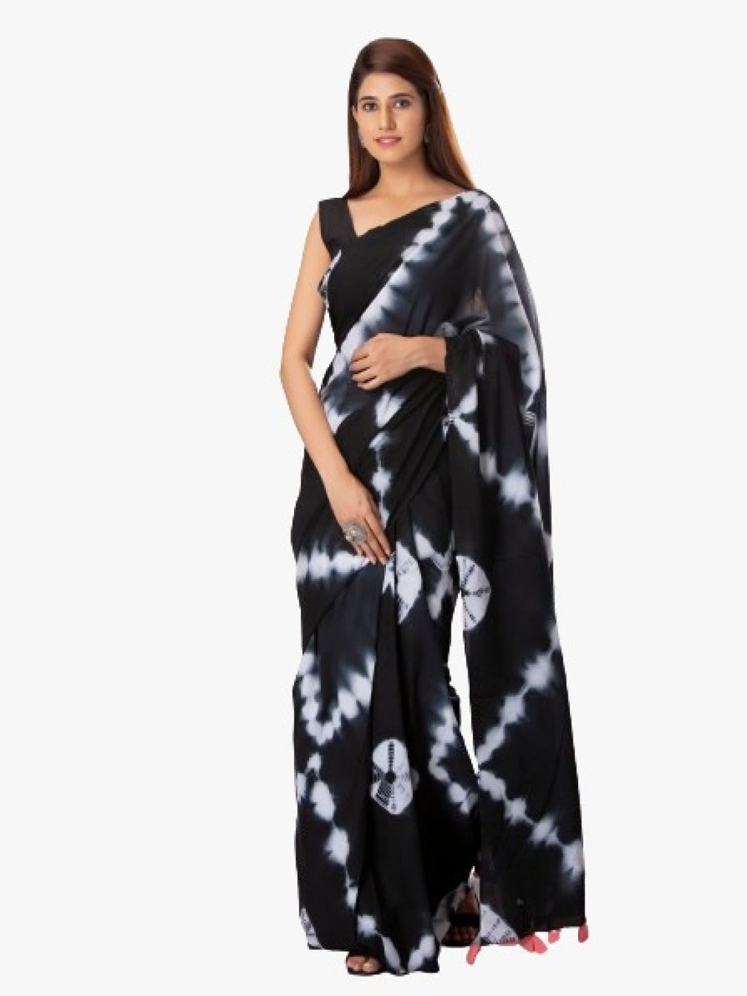 

clothonus Black & White Tie and Dye Pure Cotton Block Print Saree