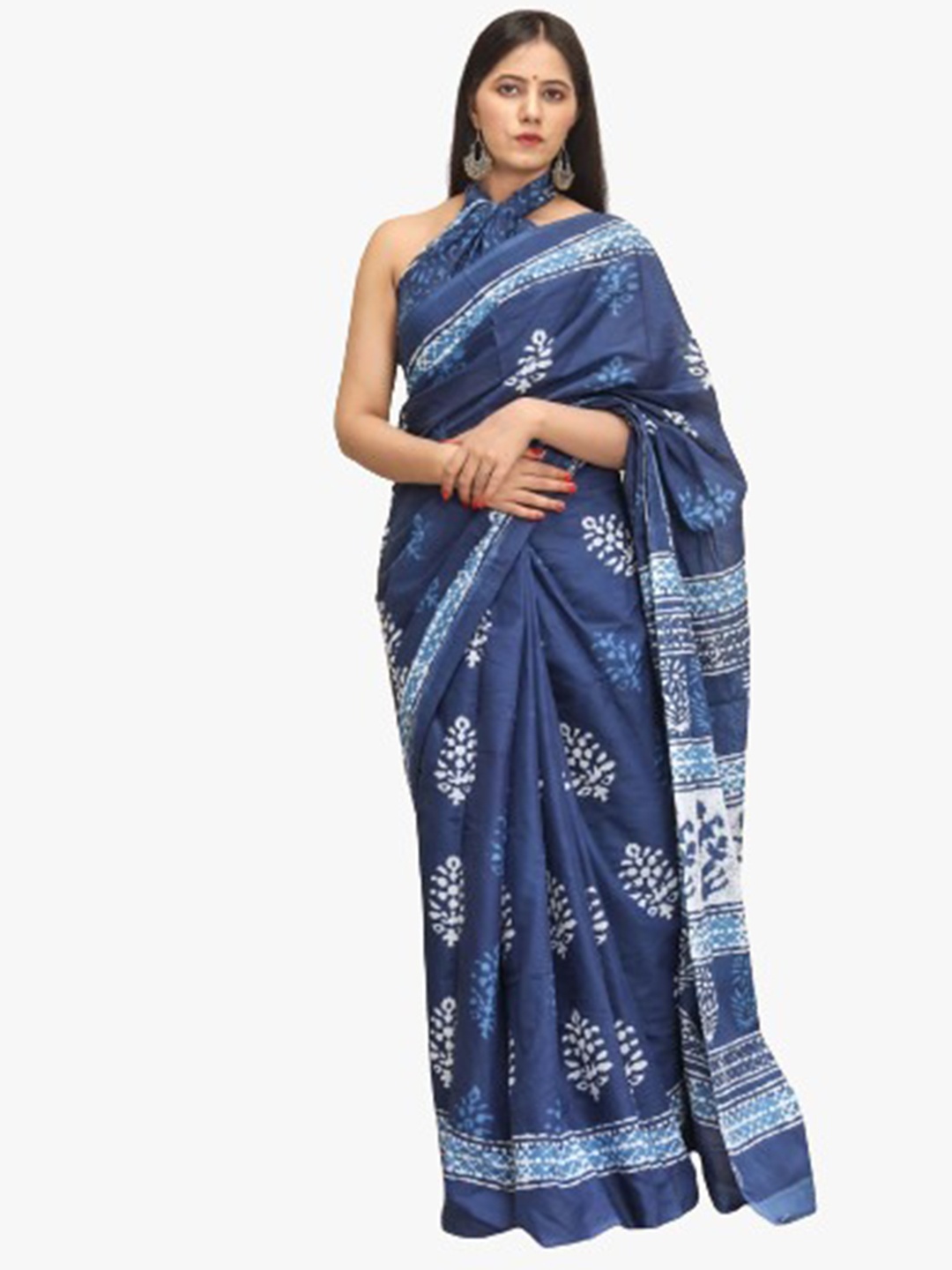 

JALTHER Ethnic Motifs Pure Cotton Block Print Saree, Blue