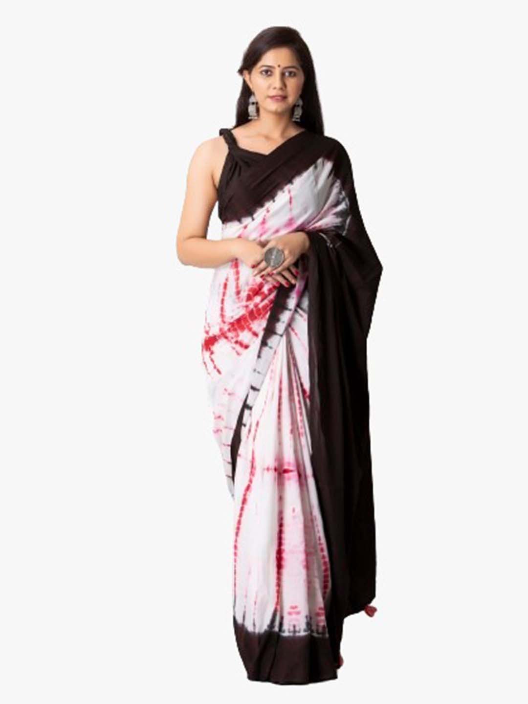 

TROPWEAR Tie and Dye Block Print Pure Cotton Saree, White