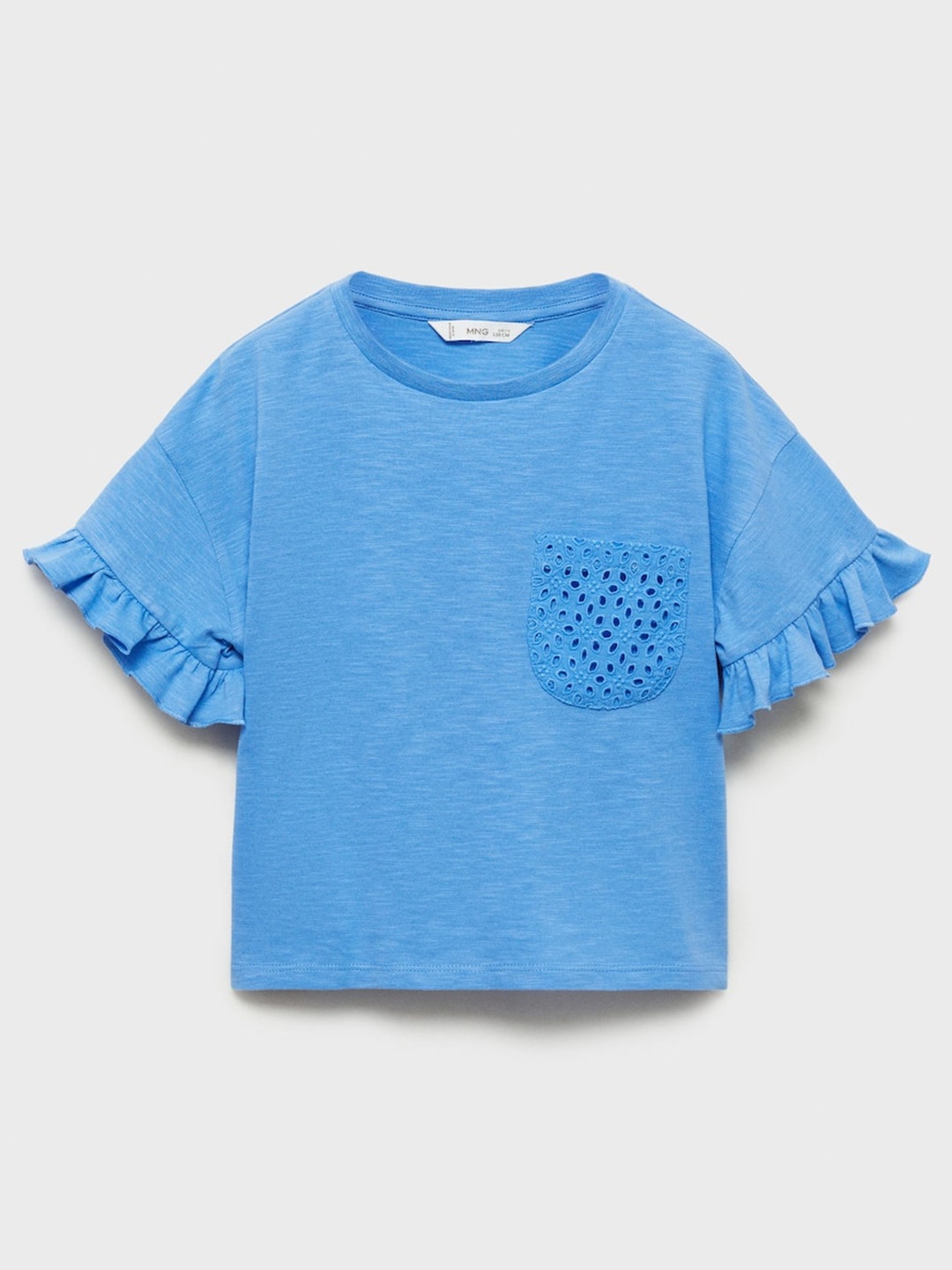 

Mango Kids Girls Drop-Shoulder Sleeves Pure Cotton T-shirt With Pocket Detail, Blue