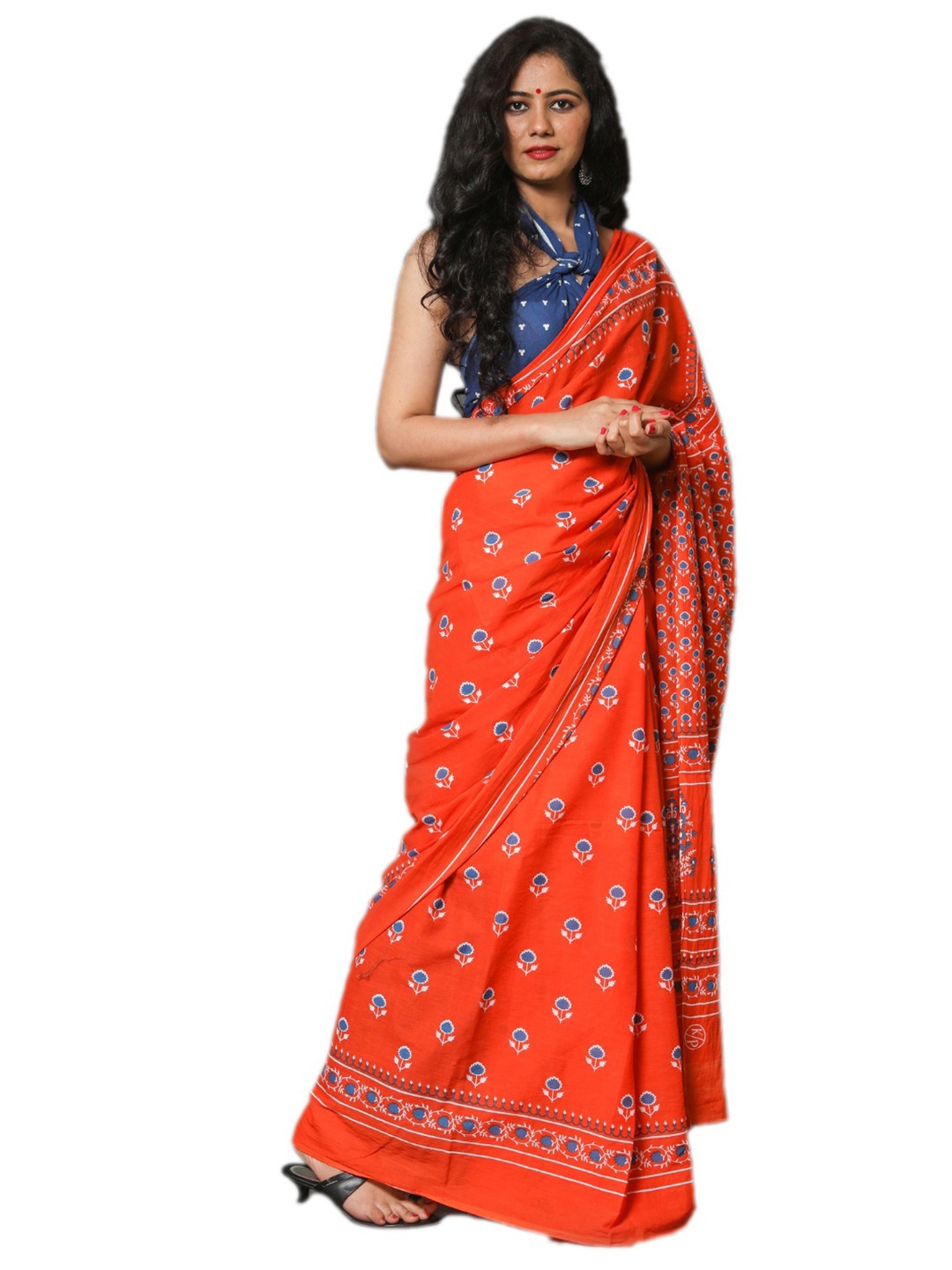 

JALTHER Orange & White Ethnic Motifs Pure Cotton Block Print Saree