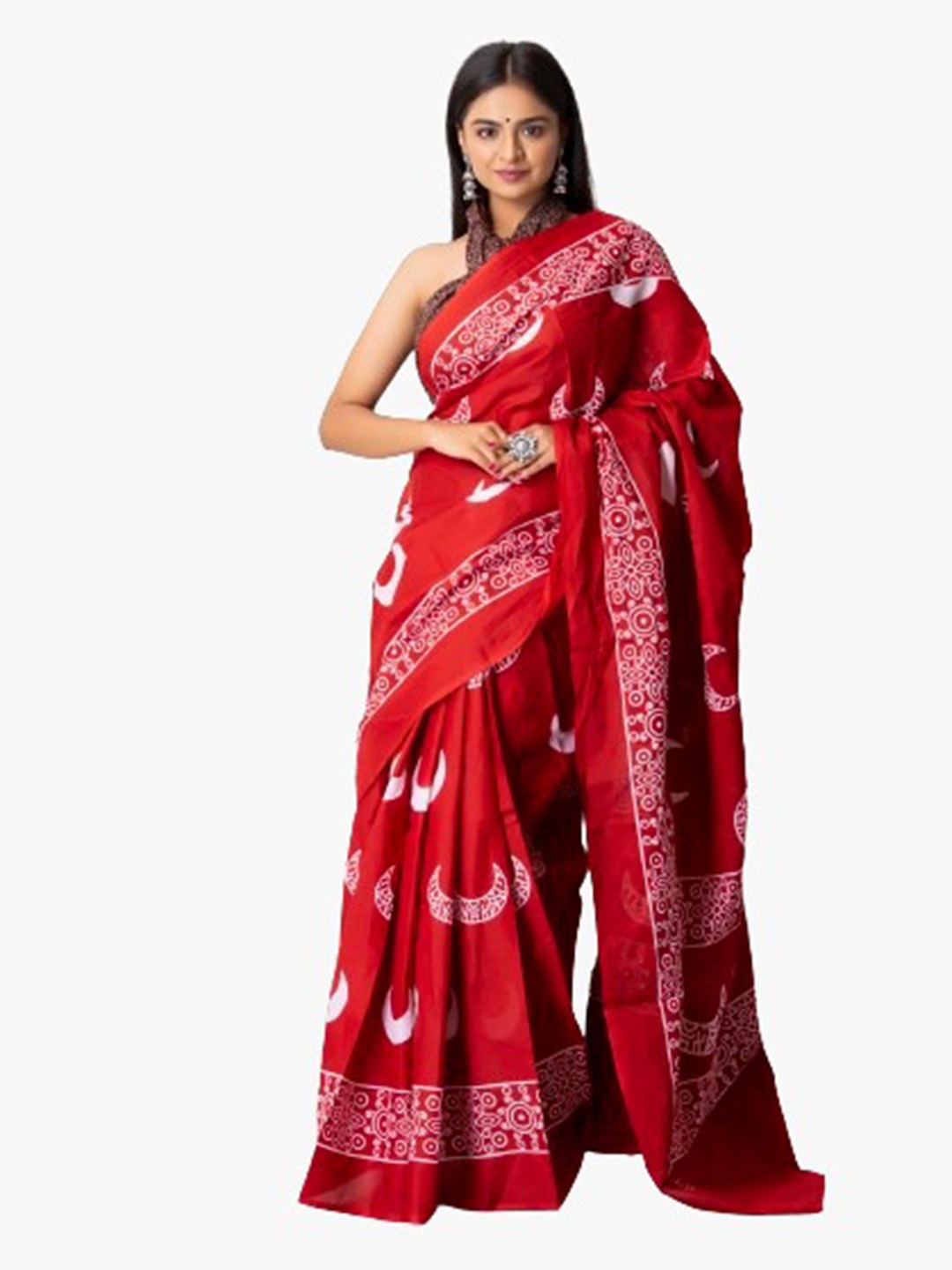 

TROPWEAR Pure Cotton Block Print Saree, Red