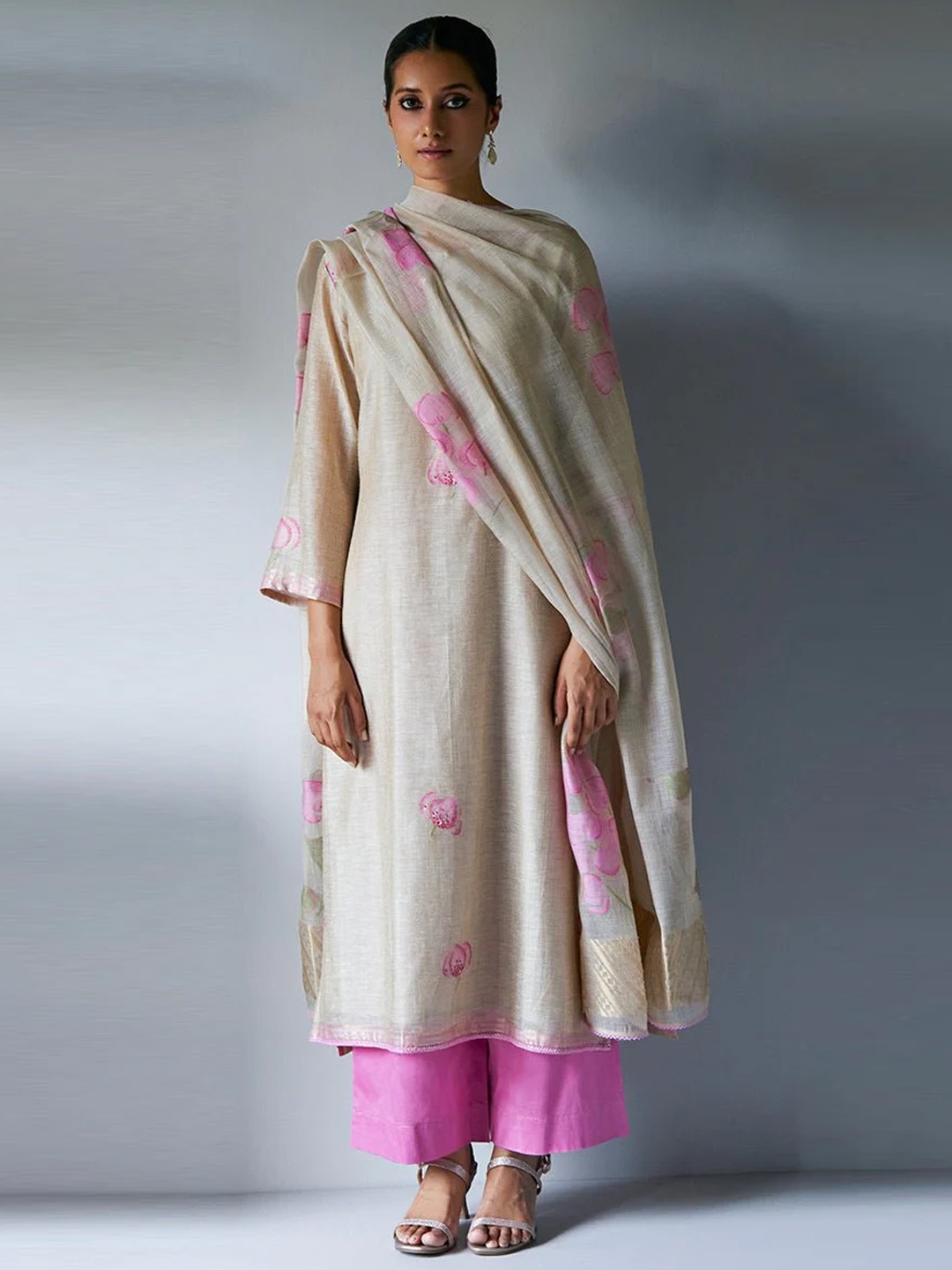 

Ganga Women Beige Regular Chanderi Cotton Kurta with Palazzos & With Dupatta