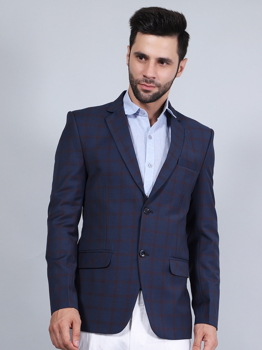 

Wintage Checked Single-Breasted Notched Lapel Long Sleeves Blazer, Blue