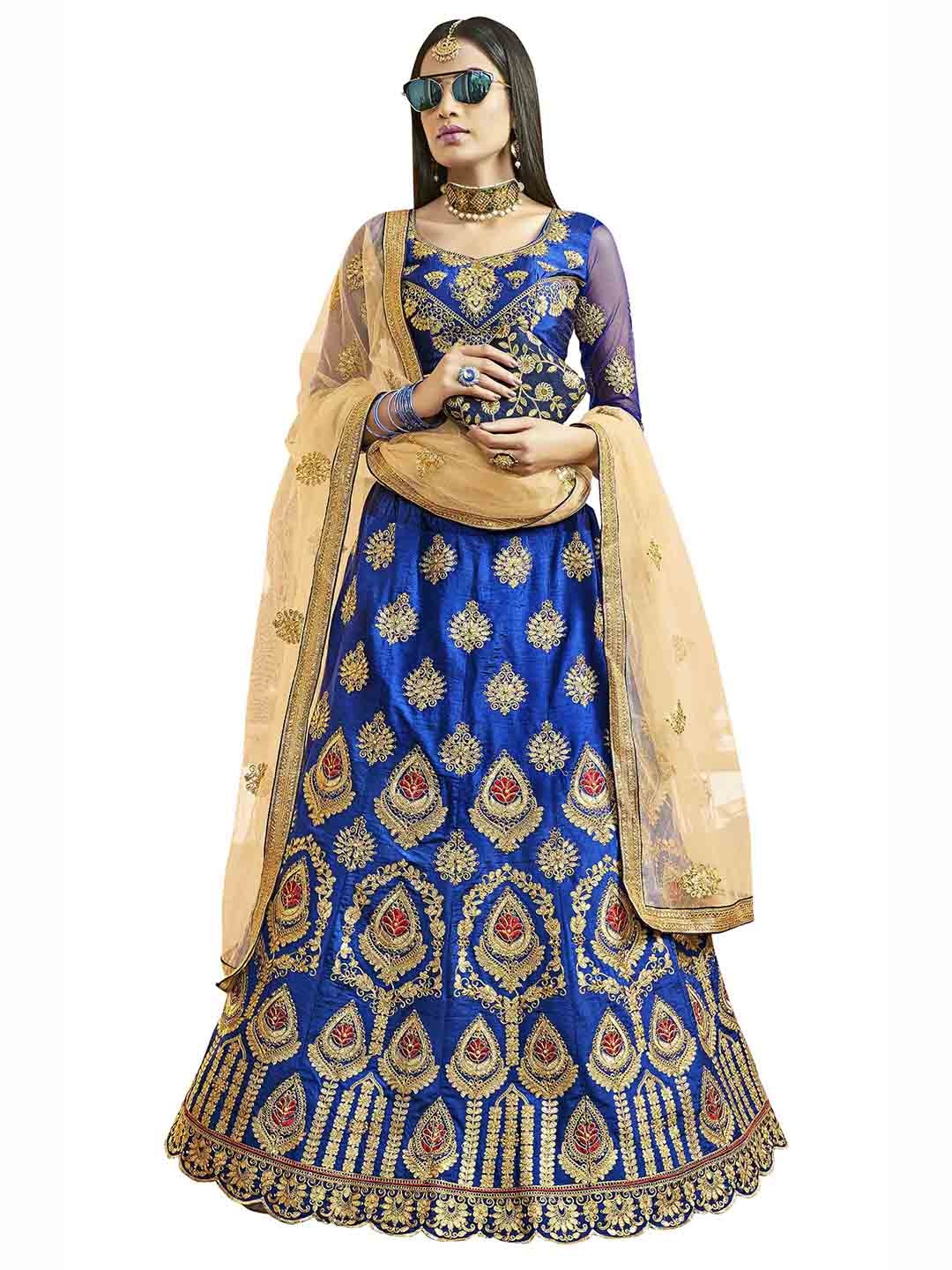

MANVAA Blue & Gold-Toned Embroidered Thread Work Semi-Stitched Lehenga & Unstitched Blouse With Dupatta