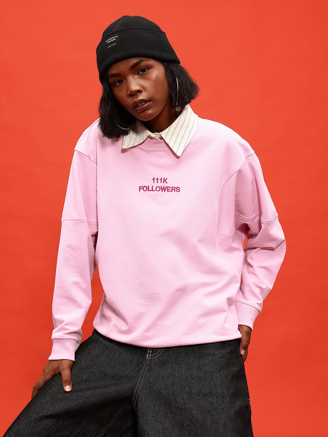 

glitchez Snuggy Style Embroidered Detail Drop-Shoulder Sleeves Terry Sweatshirt, Pink