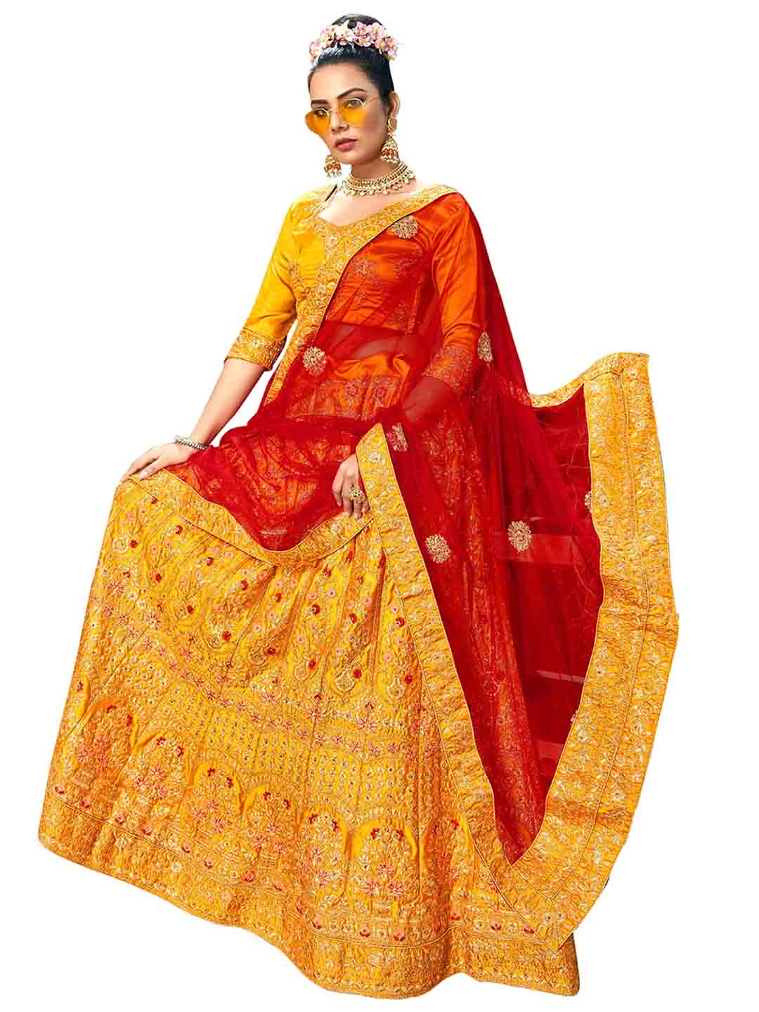 

MANVAA Mustard & Red Embroidered Thread Work Semi-Stitched Lehenga & Unstitched Blouse With Dupatta