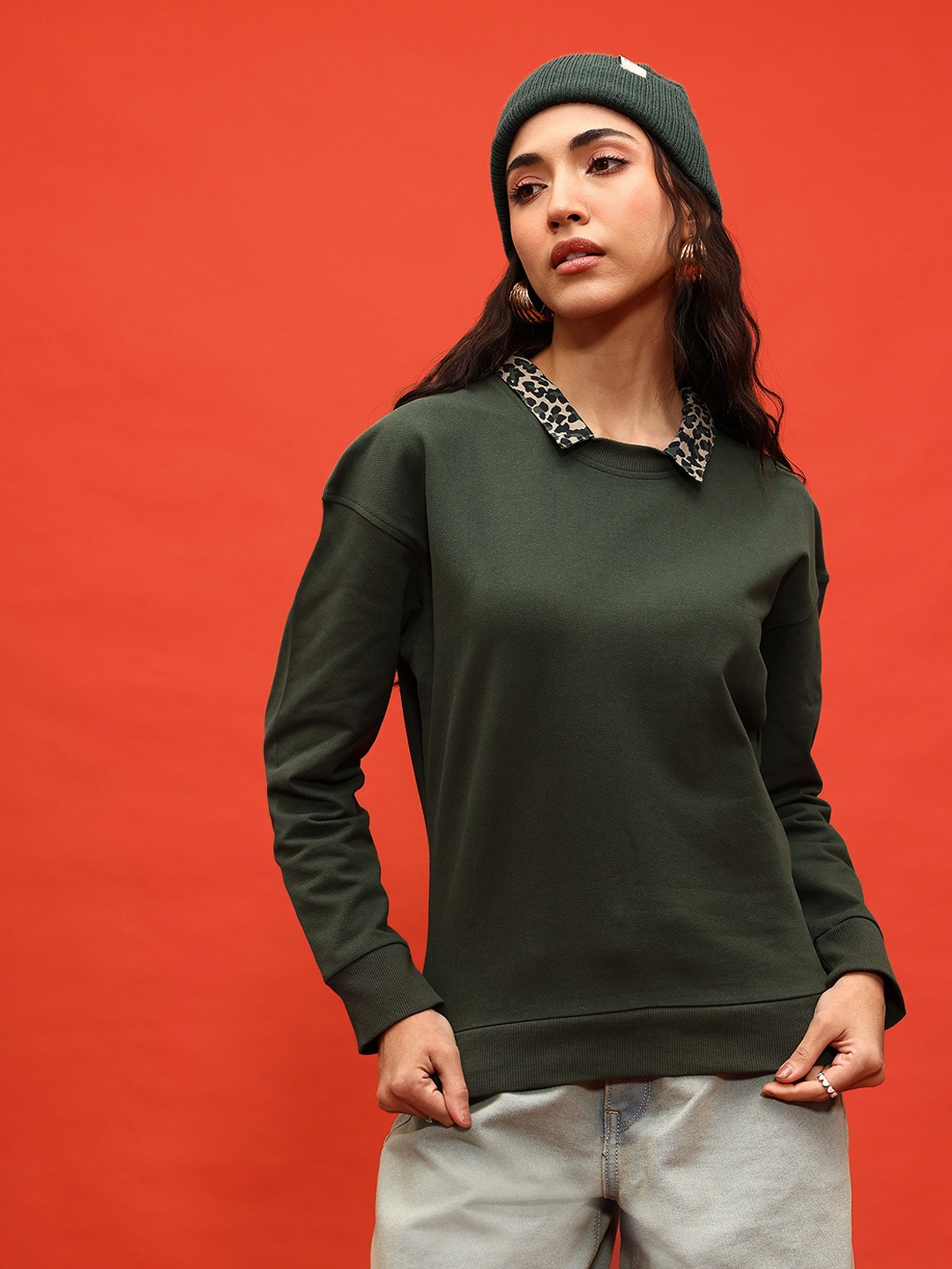

glitchez Comfort Layers Drop-Shoulder Sleeves Lycra Terry Sweatshirt, Green
