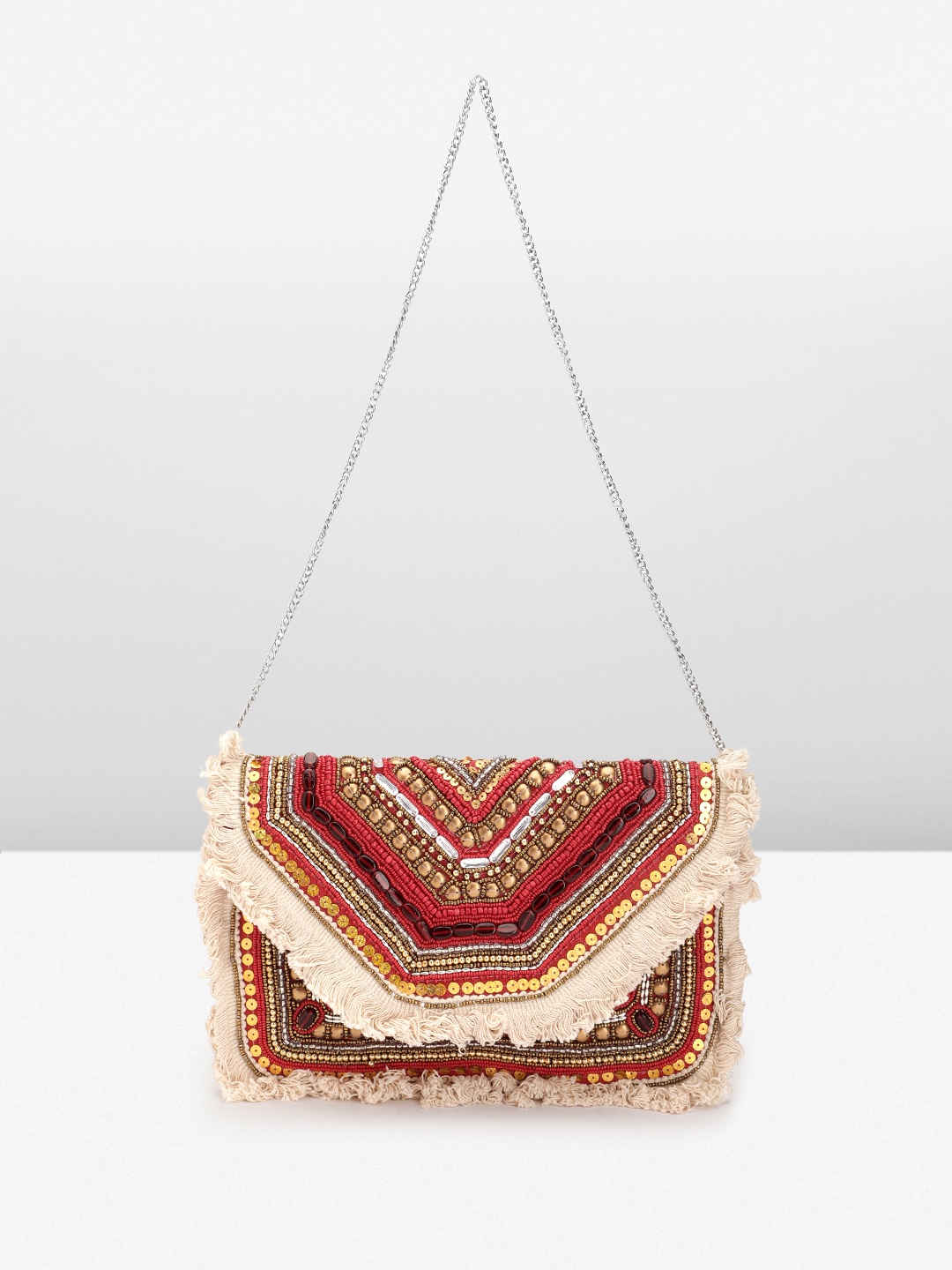 

Sangria Embellished Pure Jute Foldover Clutch, Red