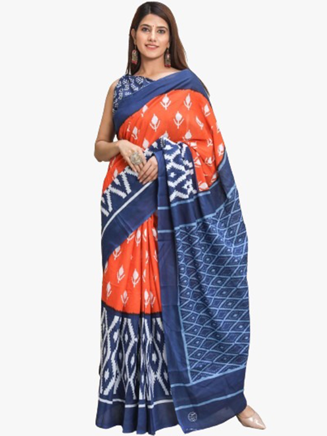 

JALTHER Ethnic Motifs Pure Cotton Block Print Saree, Orange