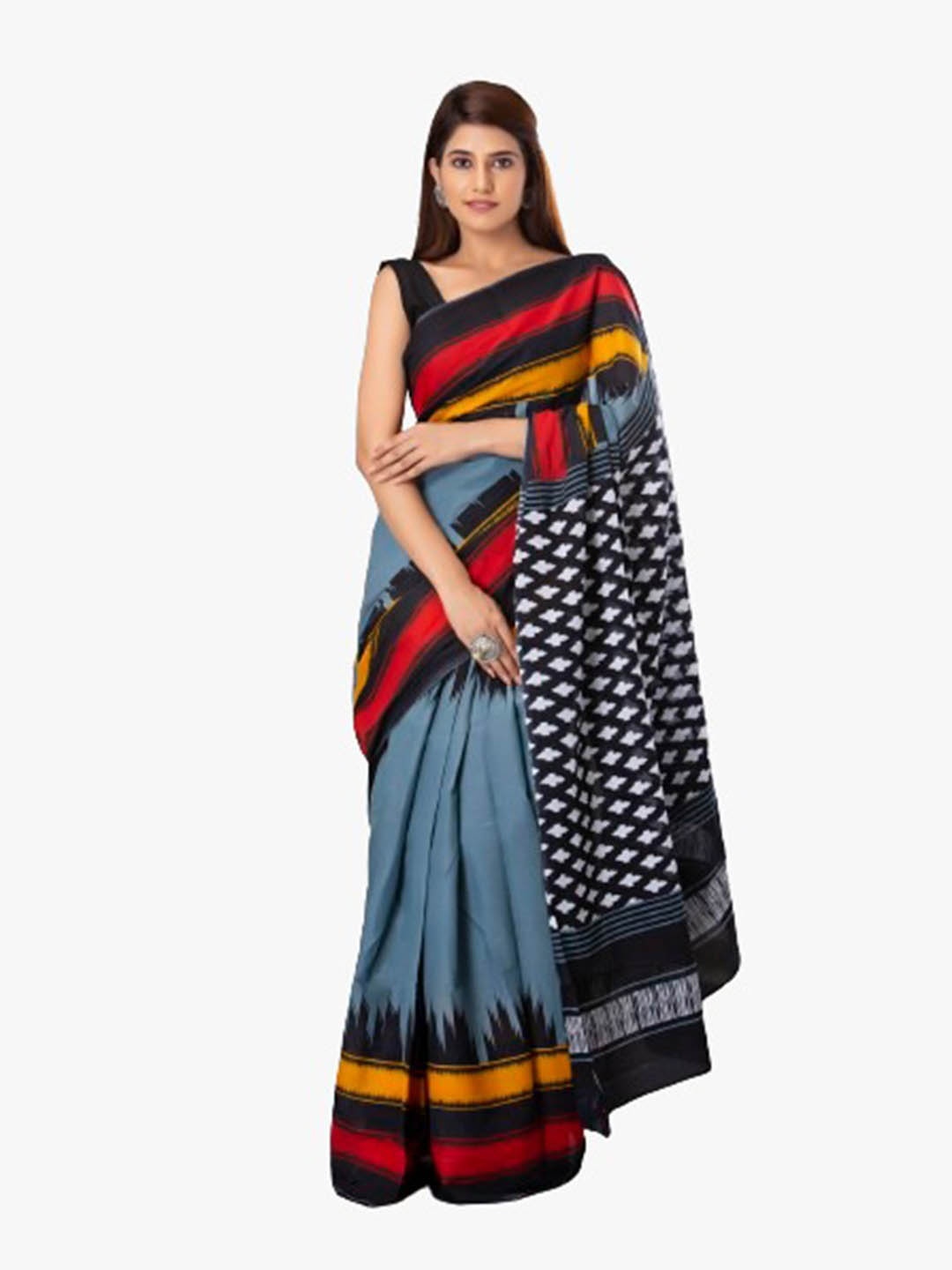 

TROPWEAR Pure Cotton Block Print Saree, Grey