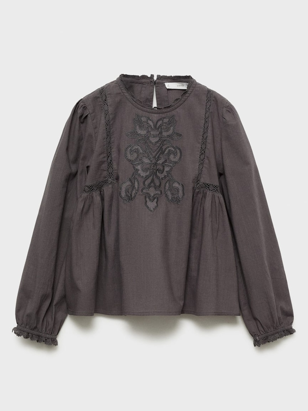 

Mango Kids Girls Embroidered Puff Sleeves Pure Cotton Top with Lace-Inserts Detail, Charcoal