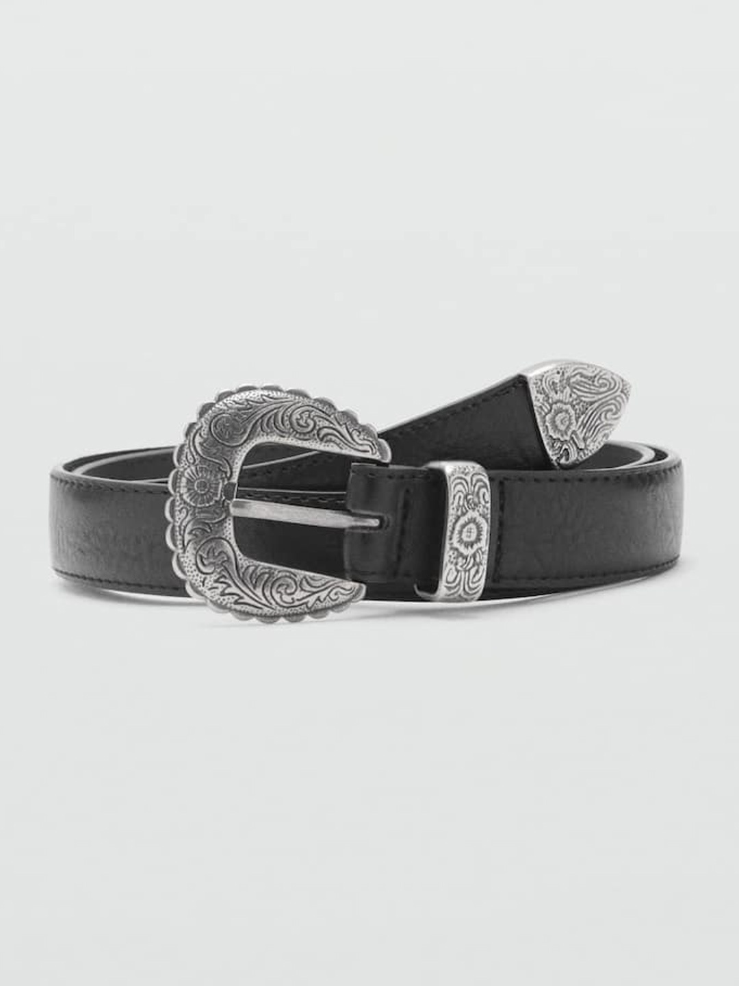 

MANGO Women Slim Belt with Metallic Tang Closure, Black