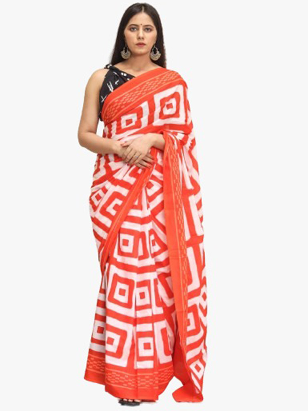 

JALTHER Block Print Pure Cotton Saree, Orange