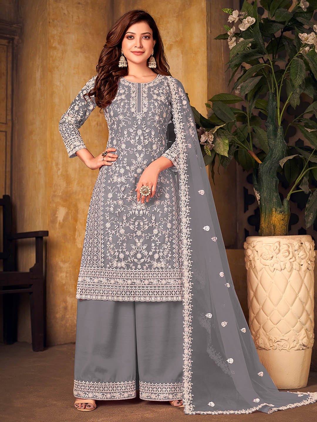 

ODETTE Embroidered Semi-Stitched Net Dress Material, Grey