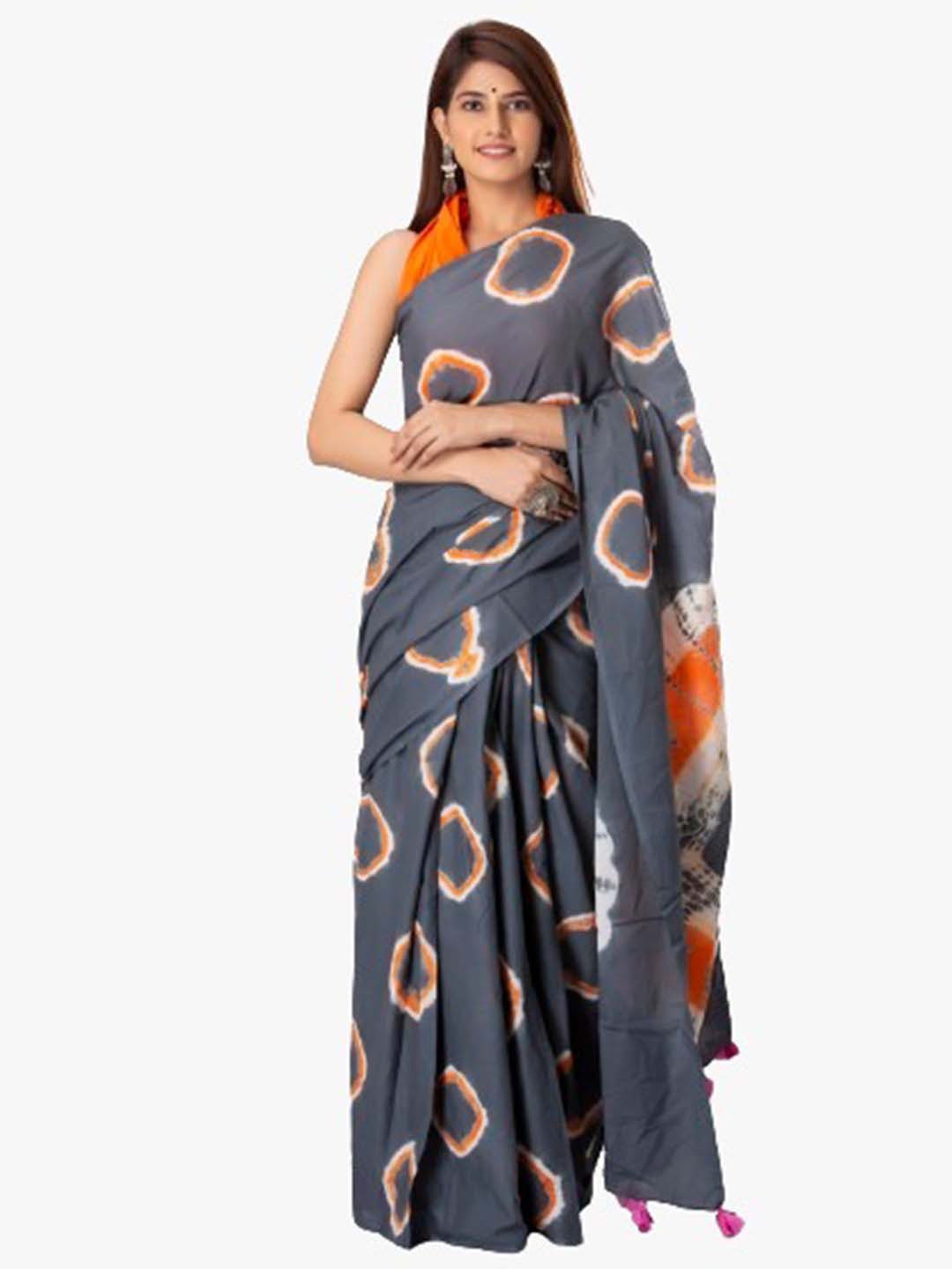 

TROPWEAR Pure Cotton Block Print Saree, Grey