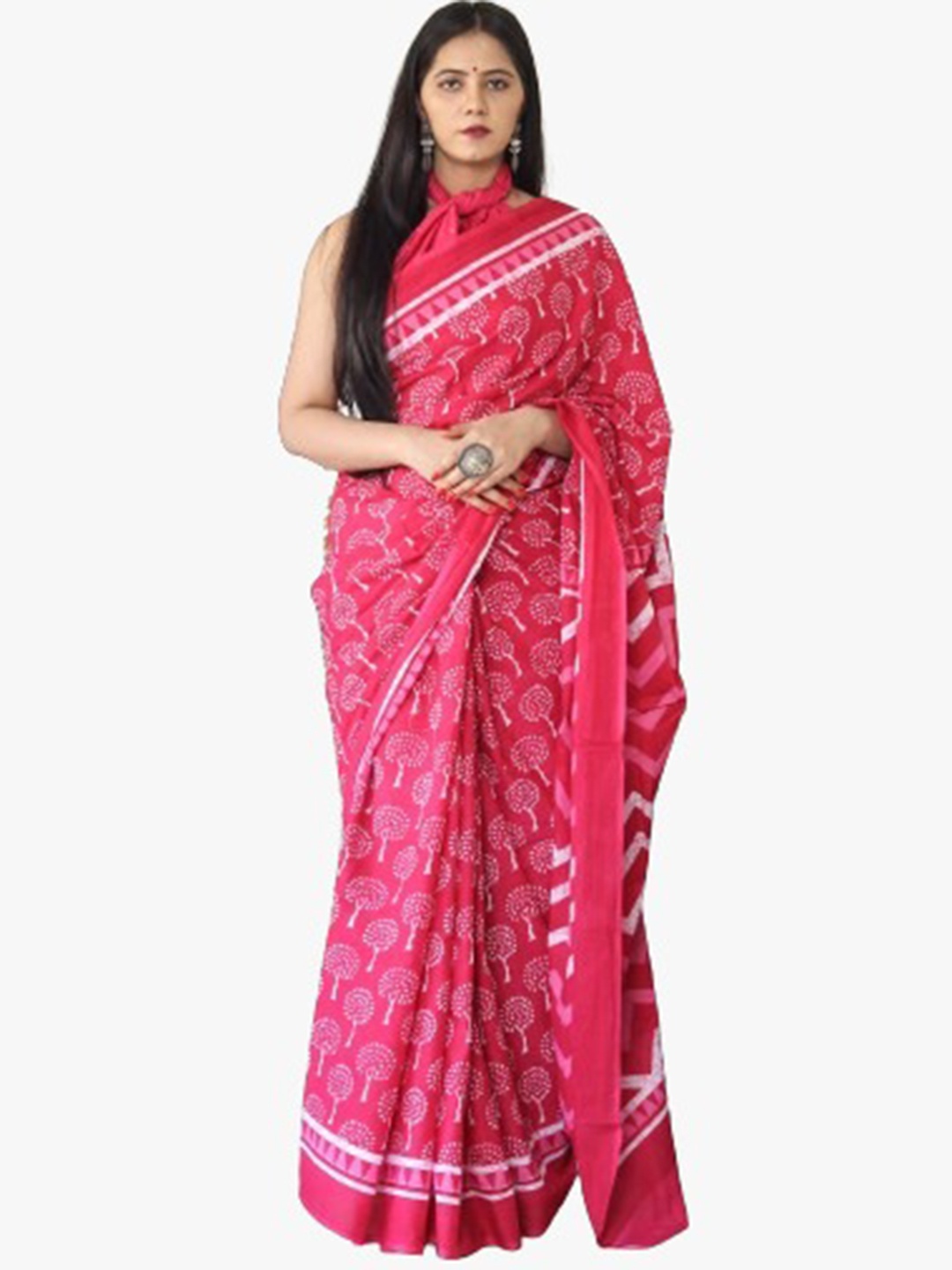 

JALTHER Ethnic Motifs Pure Cotton Block Print Saree, Pink