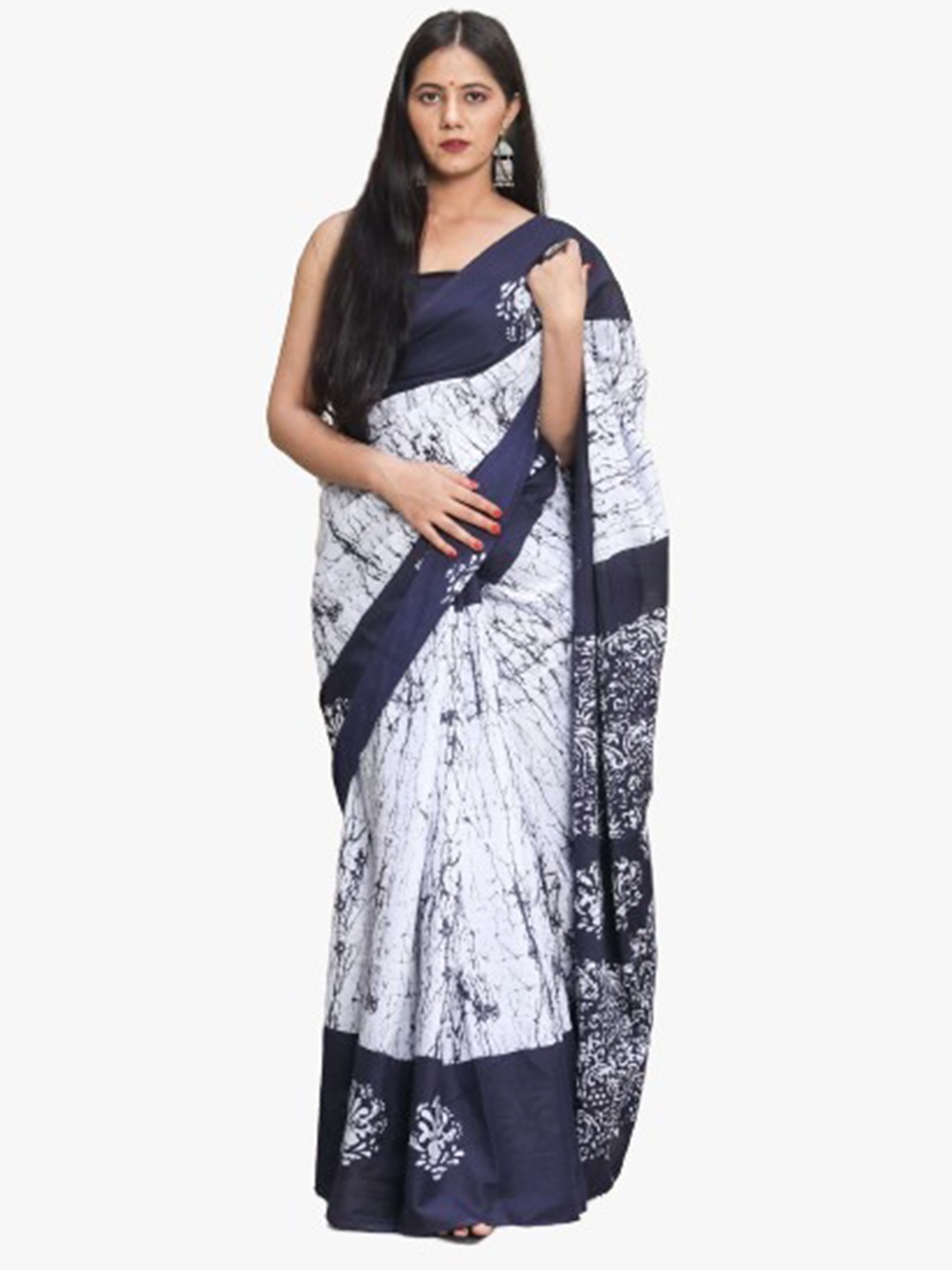 

JALTHER Ethnic Motifs Pure Cotton Block Print Saree, White