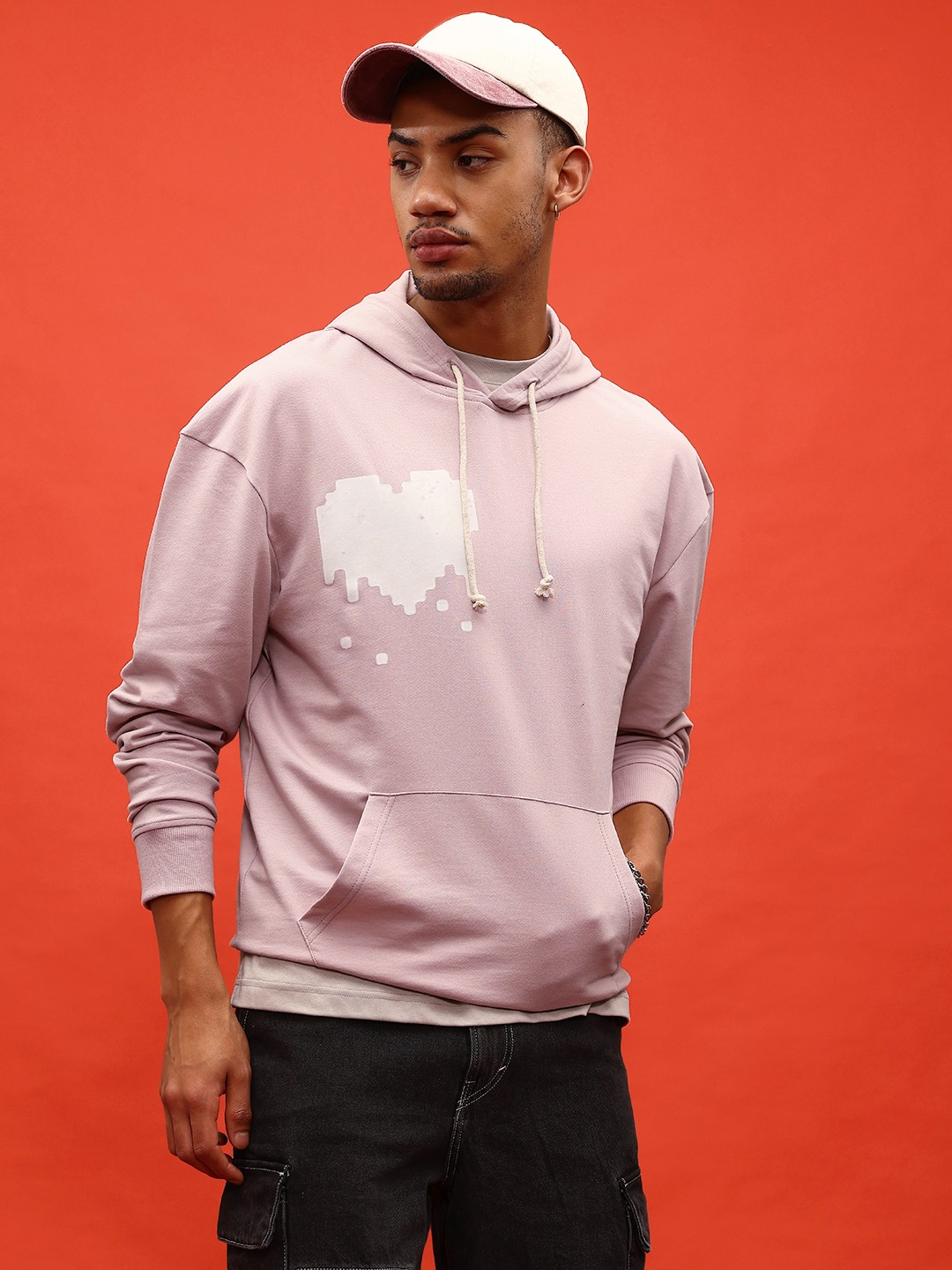 

glitchez High-End Graphics Printed Drop-Shoulder Sleeves Oversized Hooded Sweatshirt, Pink