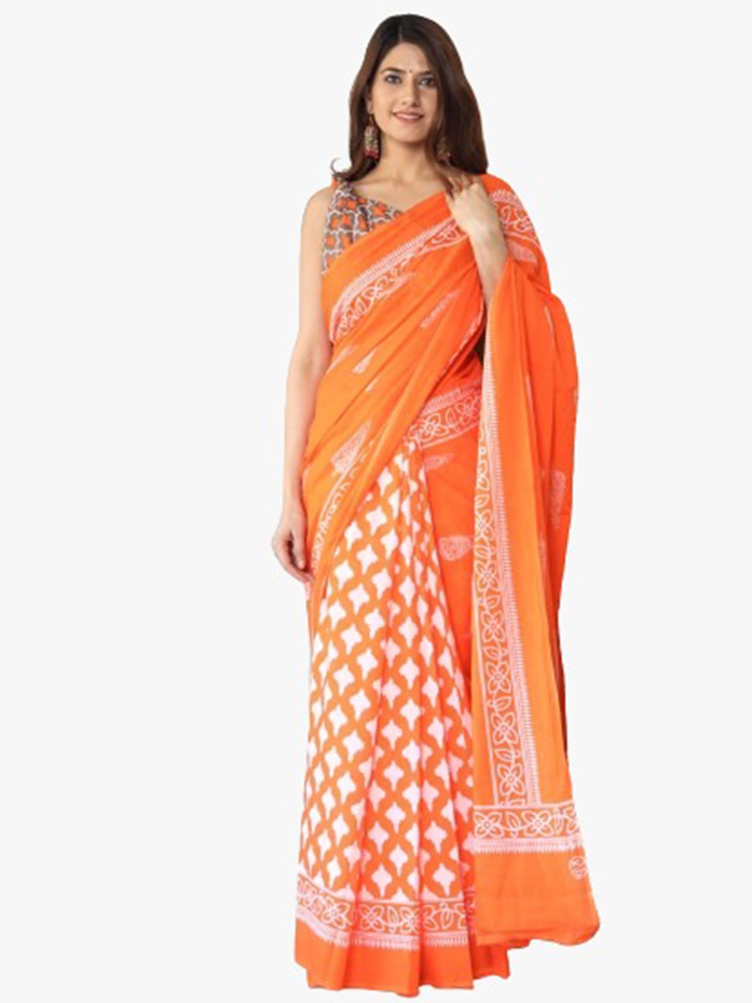 

JALTHER Ethnic Motifs Pure Cotton Block Print Saree, Orange