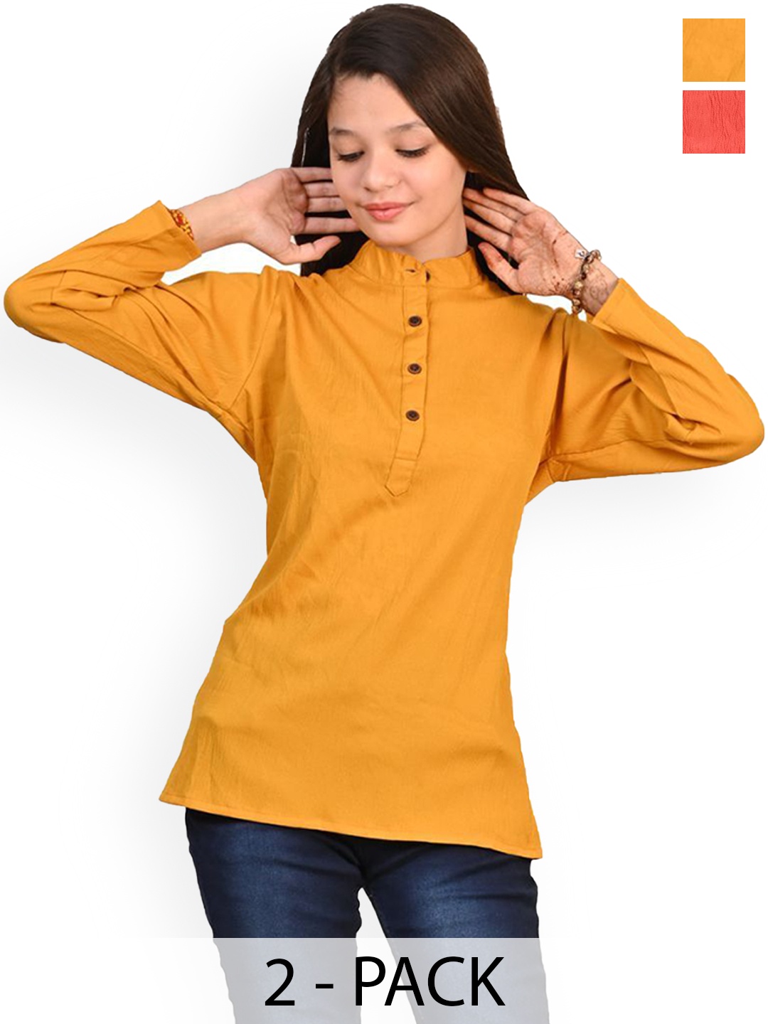 

BAESD Girls Pack of 2 Mandarin Collar Crepe Straight Kurti, Yellow