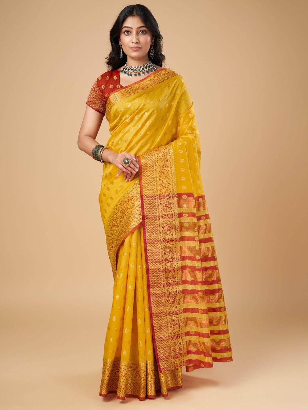 

KALINI Woven Design Zari Silk Blend Kanjeevaram Saree, Yellow