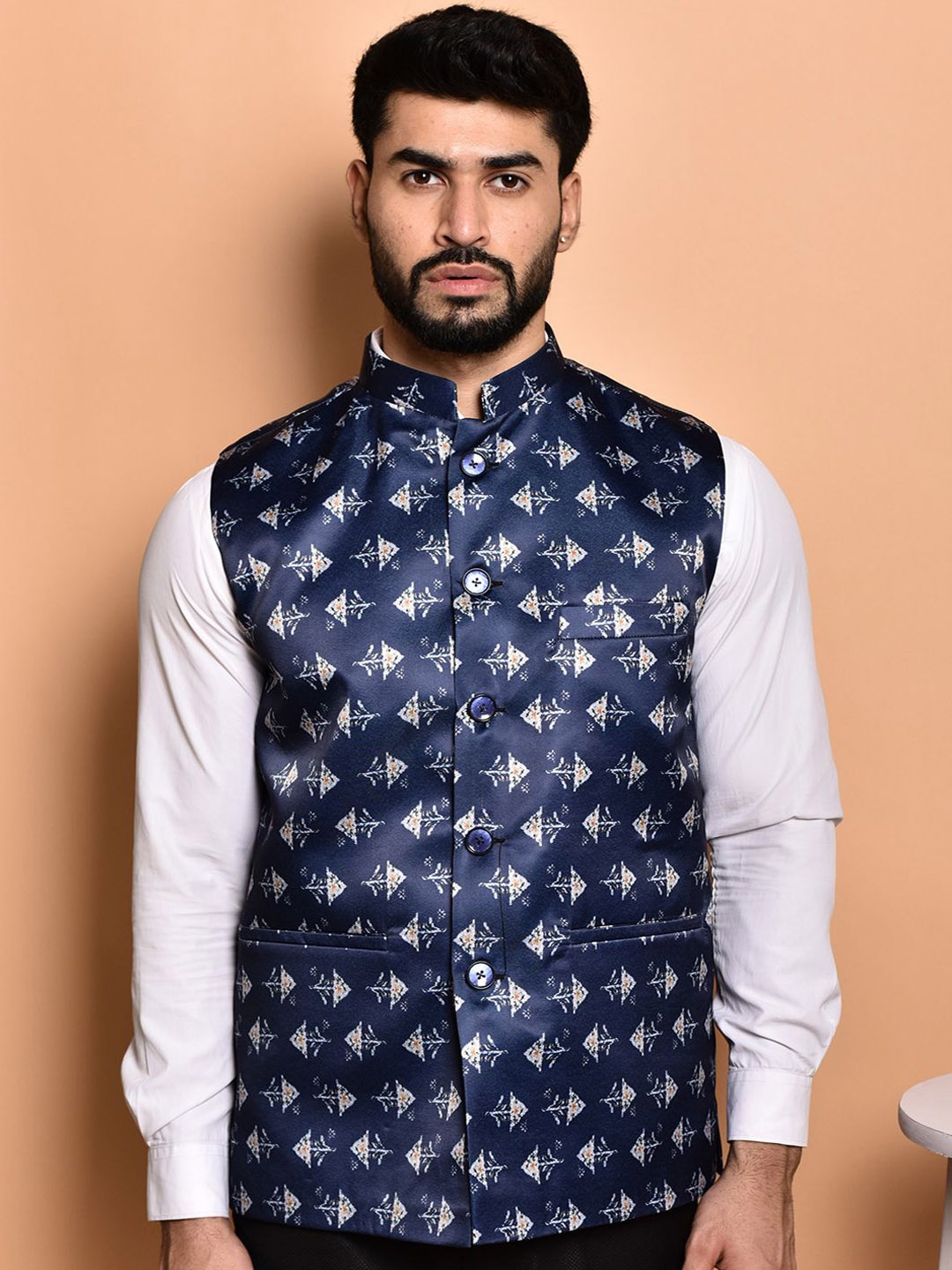 

PRINTINDIA Men Woven Printed Nehru Jacket, Navy blue