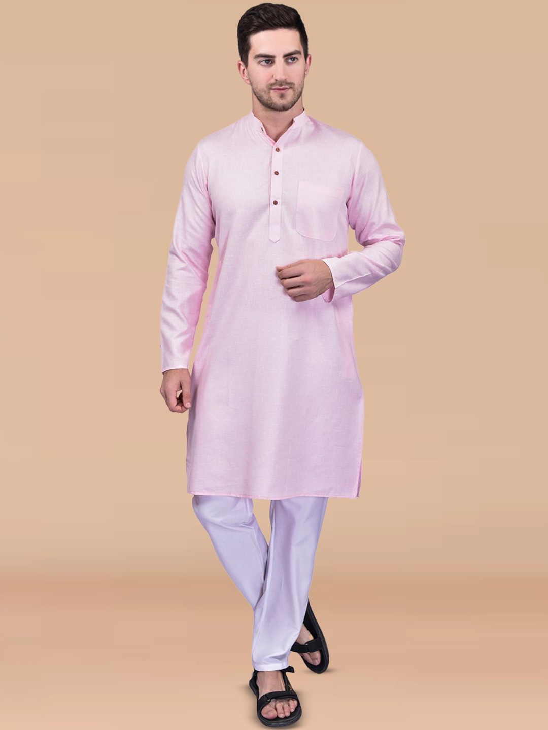 

BOWLIFESTYLE Band Collar Pure Cotton Straight Kurta with Trousers, Pink