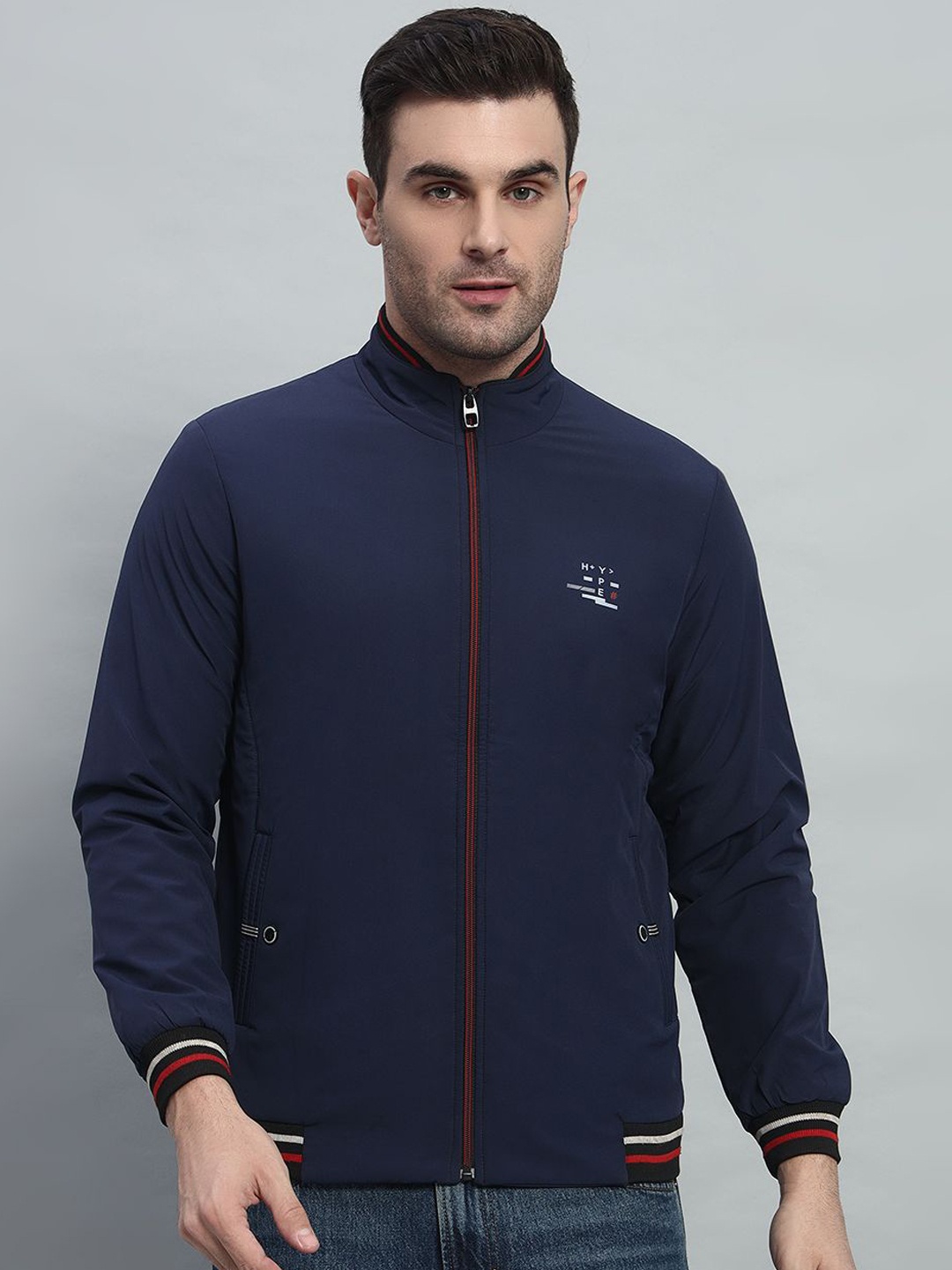 

AR-FIT Men Water Resistant Zip Detail Bomber Jacket, Navy blue