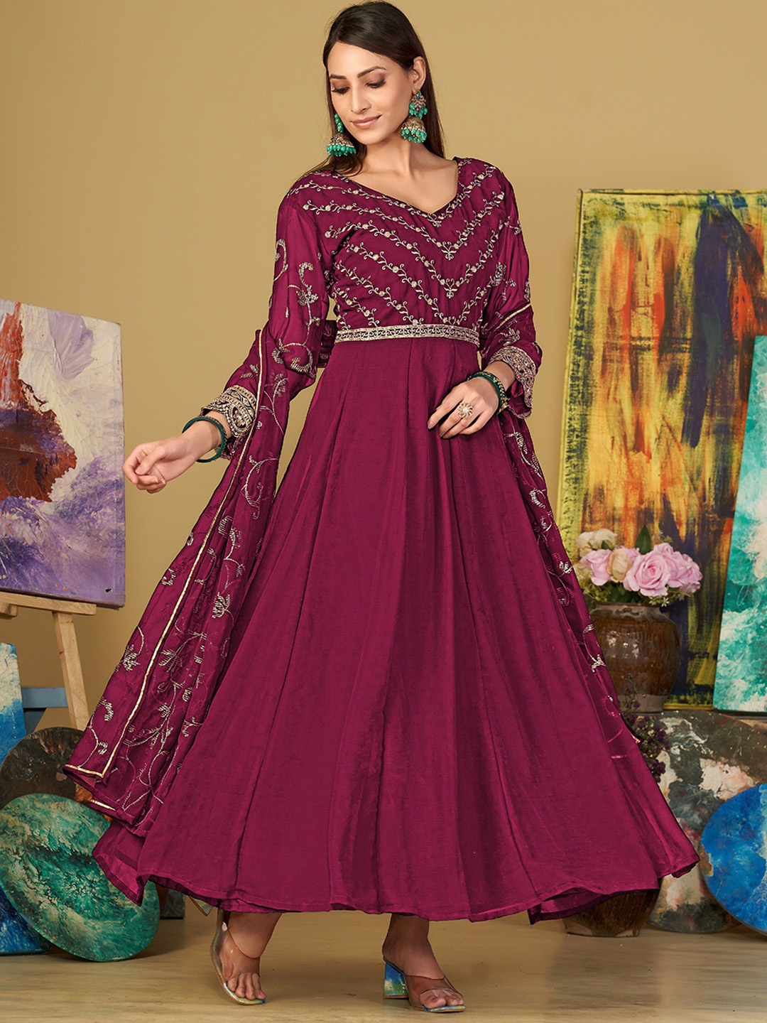 

KALINI Embroidered Semi-Stitched Dress Material, Pink