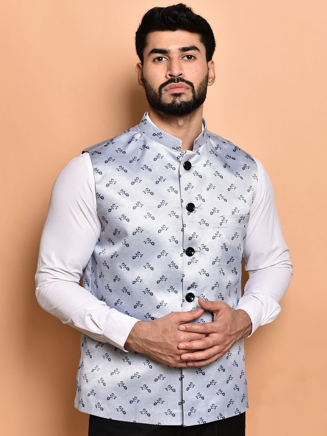 

PRINTINDIA Men Printed Mandarin Collar Nehru Jacket, Grey