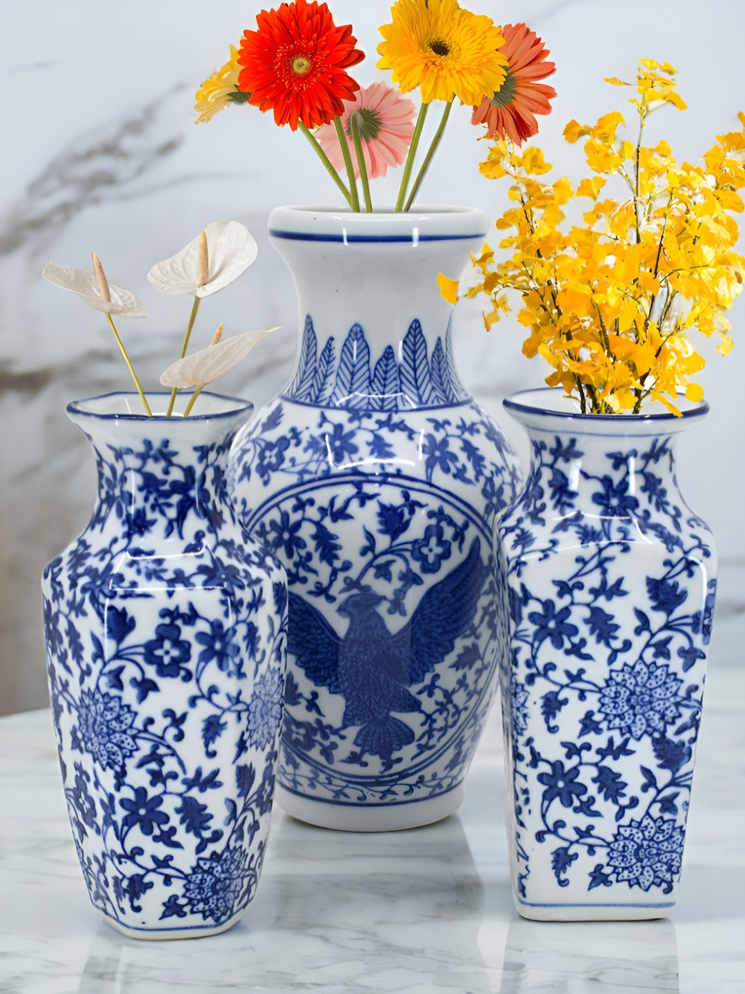 

The Decor Lane White & Blue 3 Pieces Floral Printed Ceramic Pottery Vases
