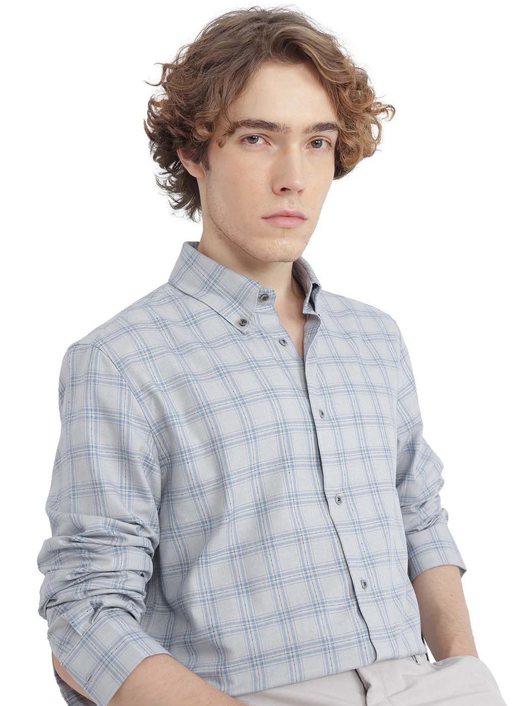 

RARE RABBIT Men Comfort Button-Down Collar Checked Cotton Casual Shirt, Grey