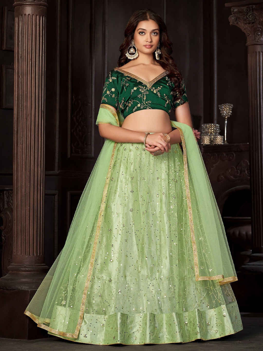 

Warthy Ent Embroidered Thread Work Semi-Stitched Lehenga & Unstitched Blouse With Dupatta, Green