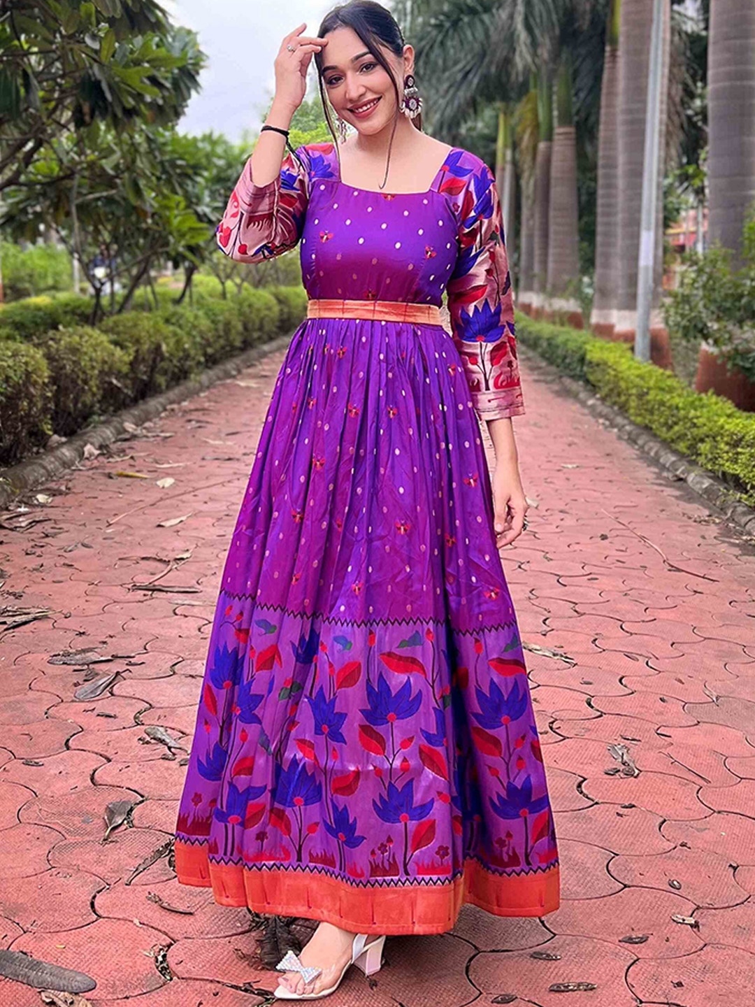 

DEVATITHI Printed Square Neck Maxi Ethnic Dress, Purple