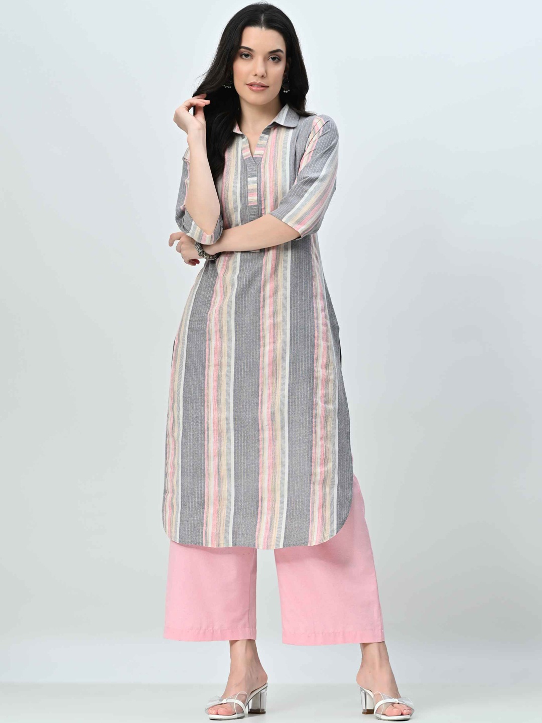 

ALL WAYS YOU Women Striped Regular Kurta with Palazzos, Grey