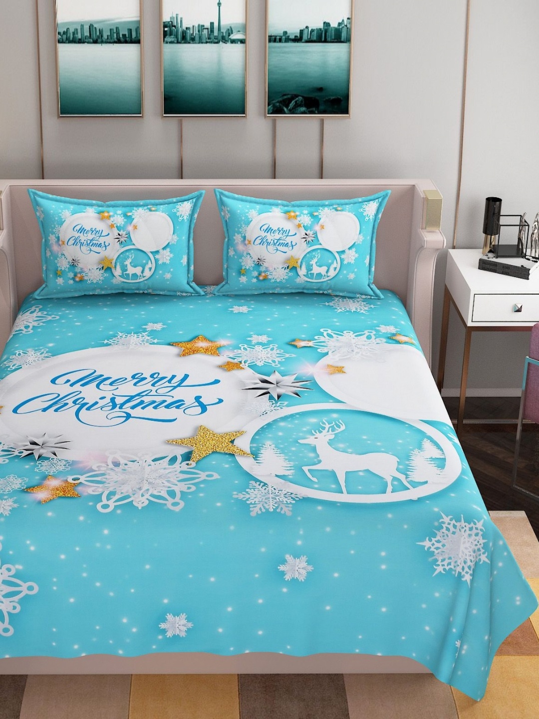 

BELVOSTUM Turquoise Blue & White Cartoon Characters 250 TC King Bedsheet with 2 Pillow Covers