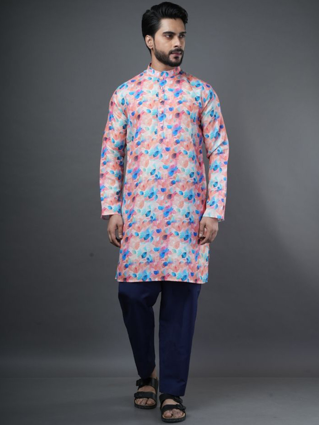 

ARYA Men Floral Printed Regular Linen Kurta with Pyjamas, Pink