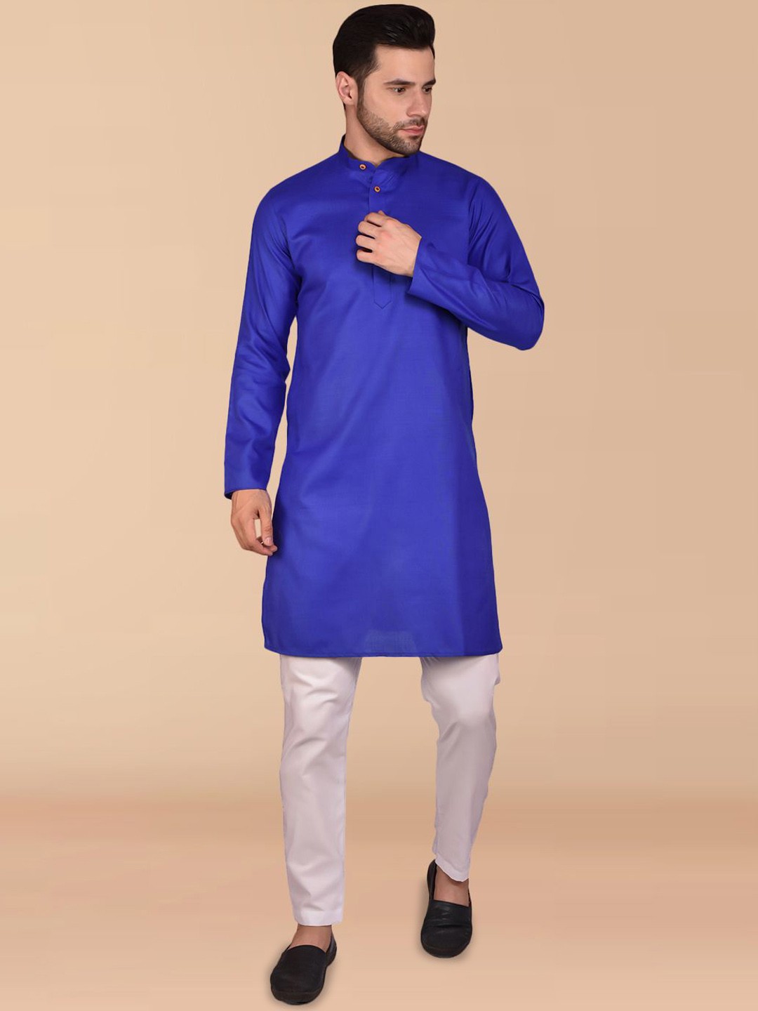 

BOWLIFESTYLE Band Collar Pure Cotton Straight Kurta with Trousers, Blue