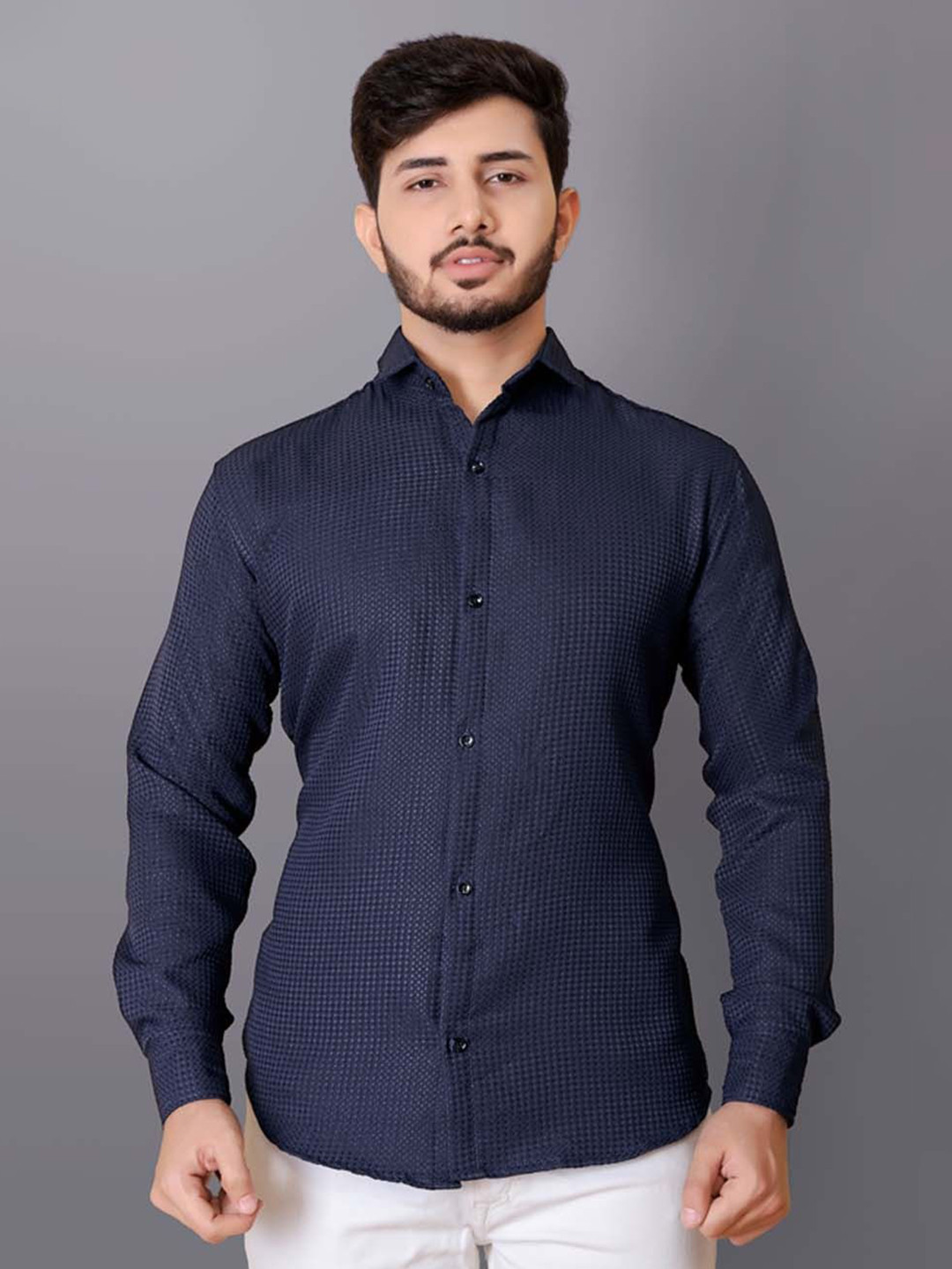 

WILNERCROWN Men Classic Opaque Casual Shirt, Navy blue
