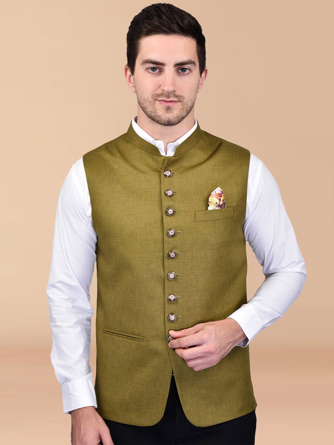 

PRINTINDIA Men Woven Nehru Jacket Comes with pocket accessories, Olive